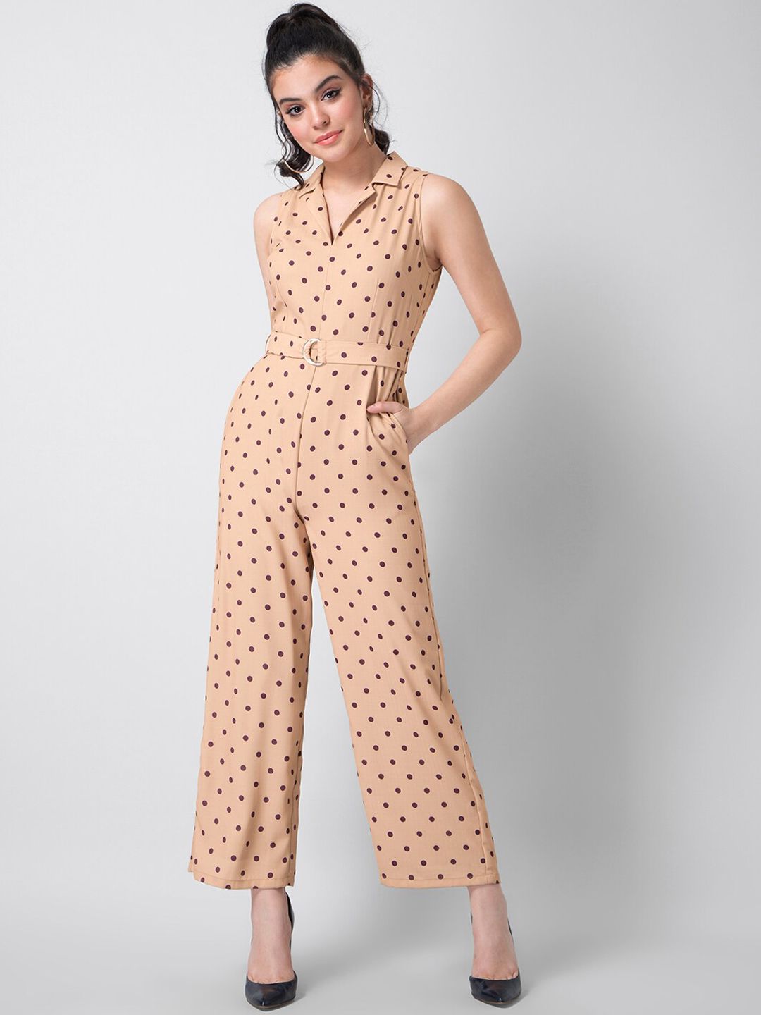 FabAlley Women Peach-Coloured & Brown Printed Basic Jumpsuit Price in India