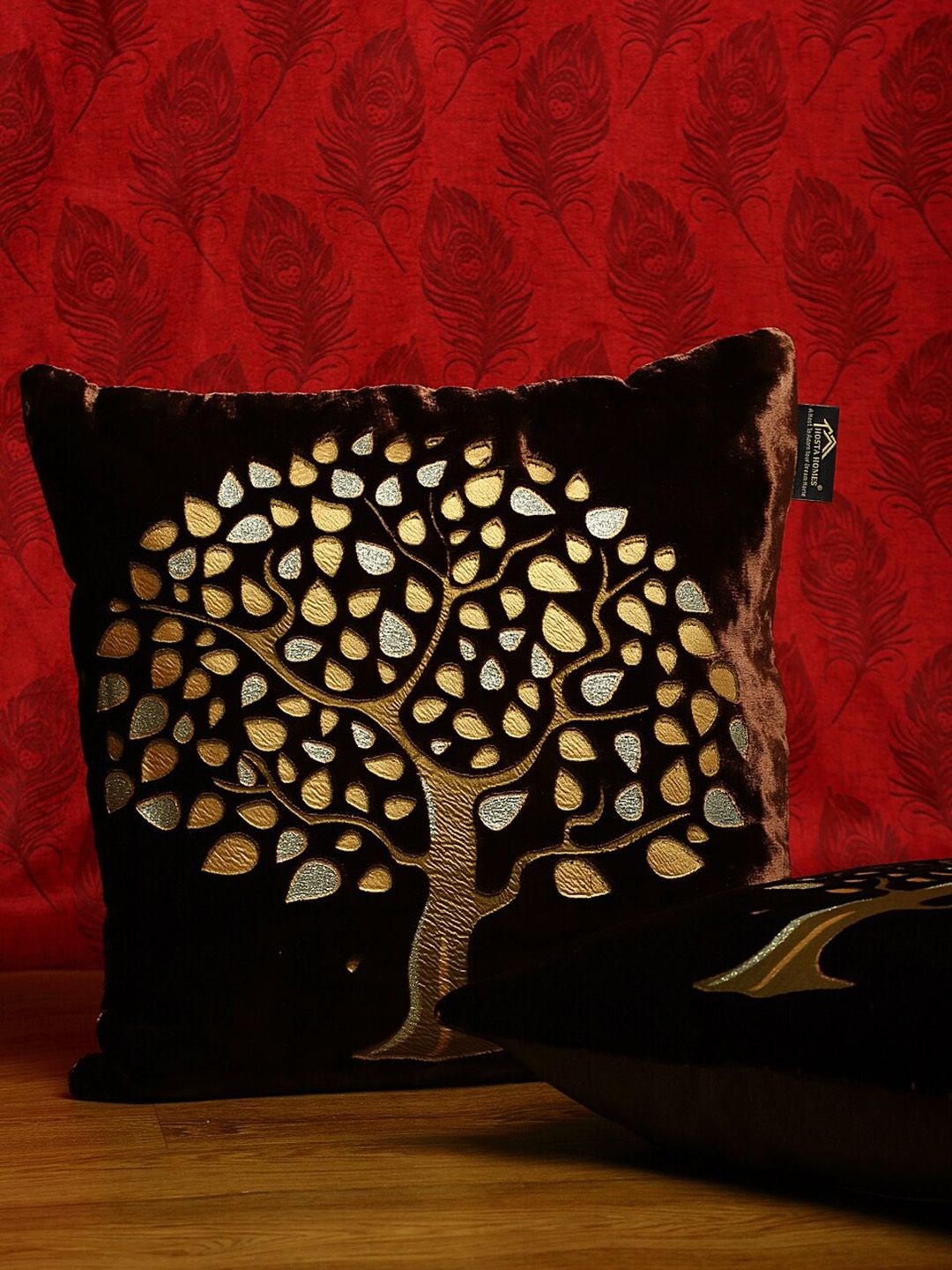 HOSTA HOMES Brown & Gold-Toned Set of 2 Ethnic Motifs Square Cushion Covers Price in India