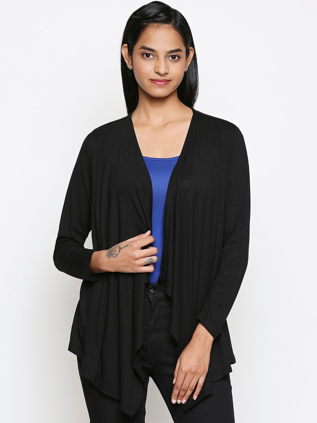 Honey by Pantaloons Women Black Solid Waterfall Shrug Price in India