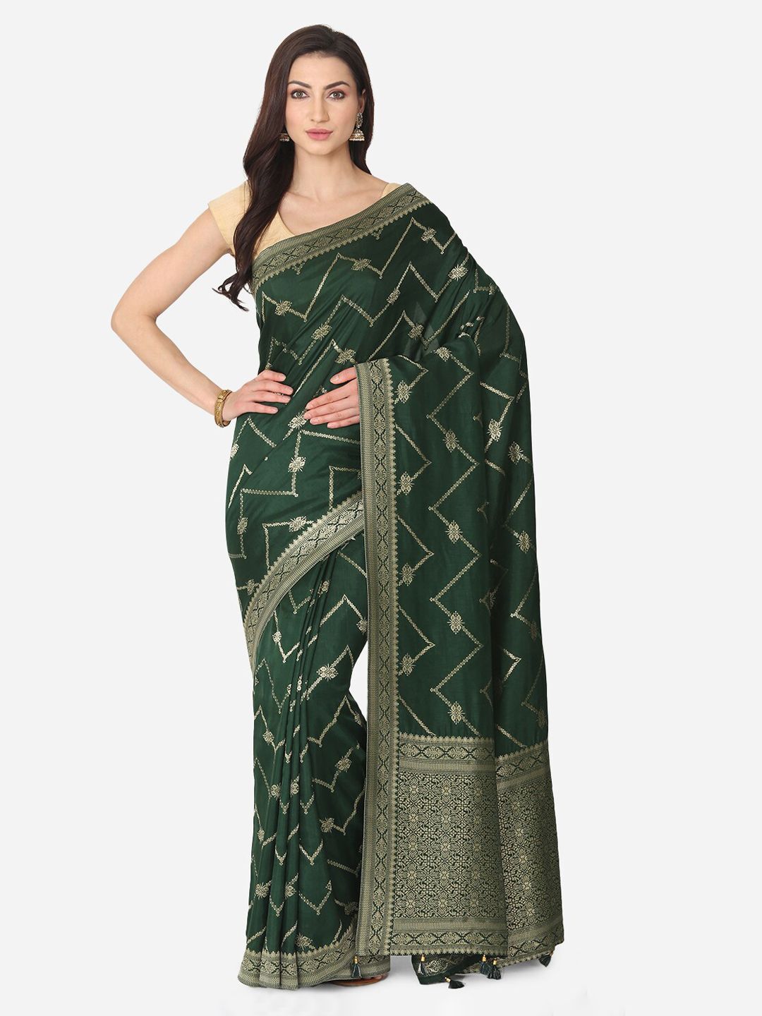 BOMBAY SELECTIONS Green & Gold-Toned Silk Blend Woven Design Banarasi Saree