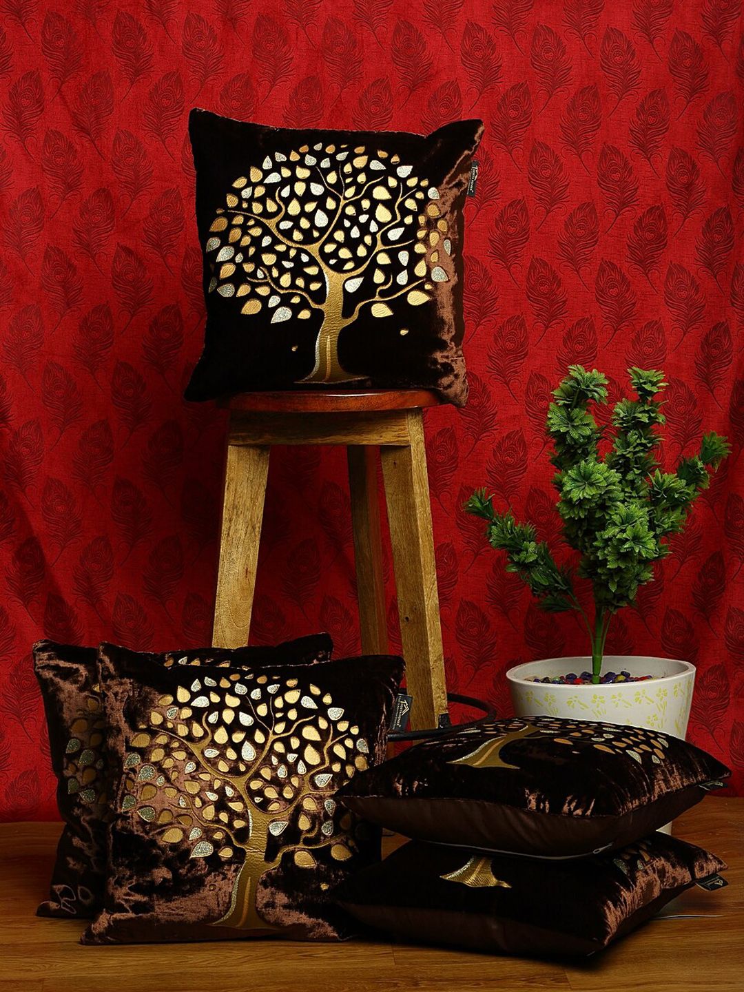 HOSTA HOMES Brown & Gold-Toned Set of 5 Embellished Square Cushion Covers Price in India