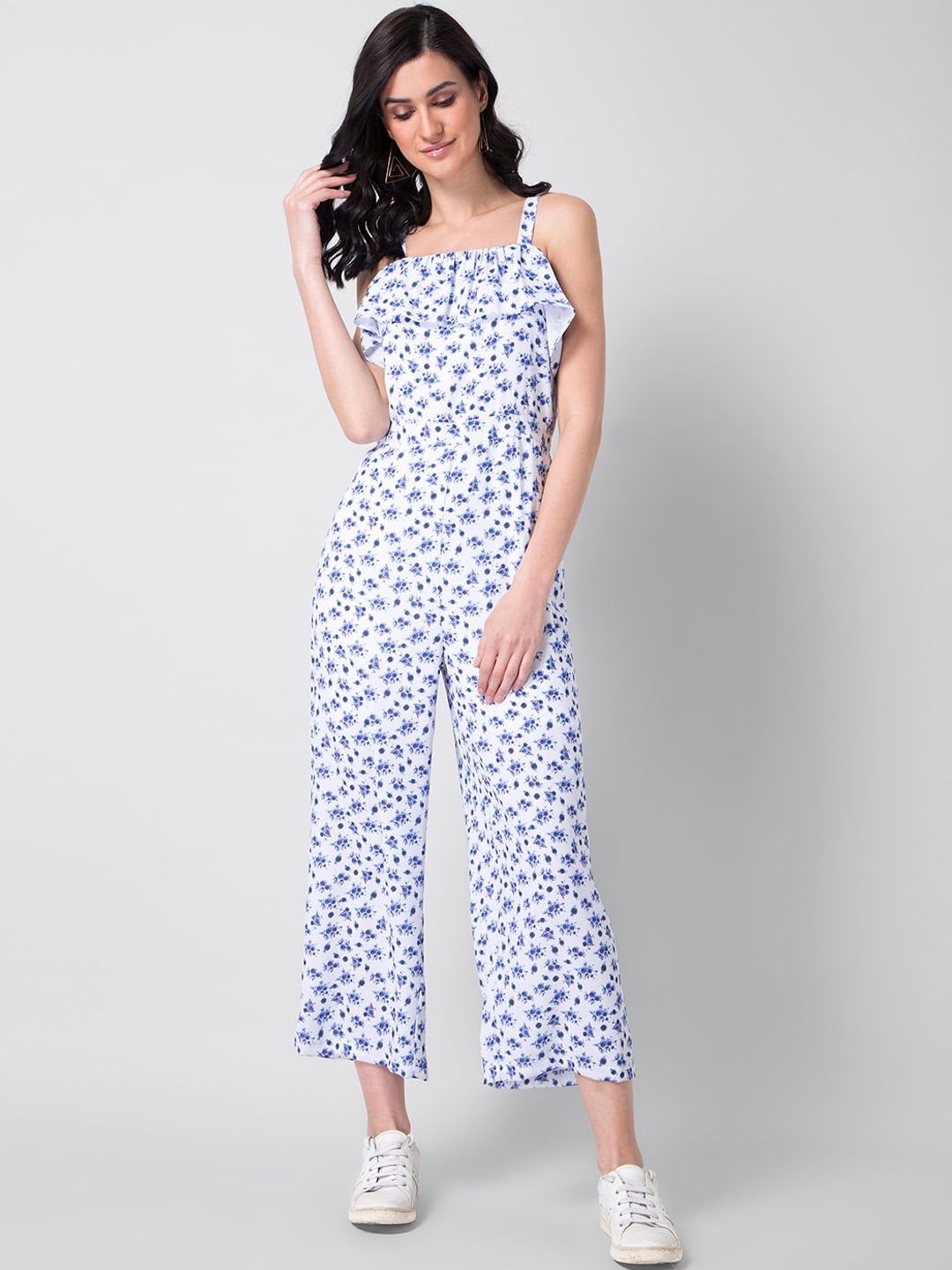 FabAlley Women White & Blue Printed Ruffled Basic Jumpsuit Price in India
