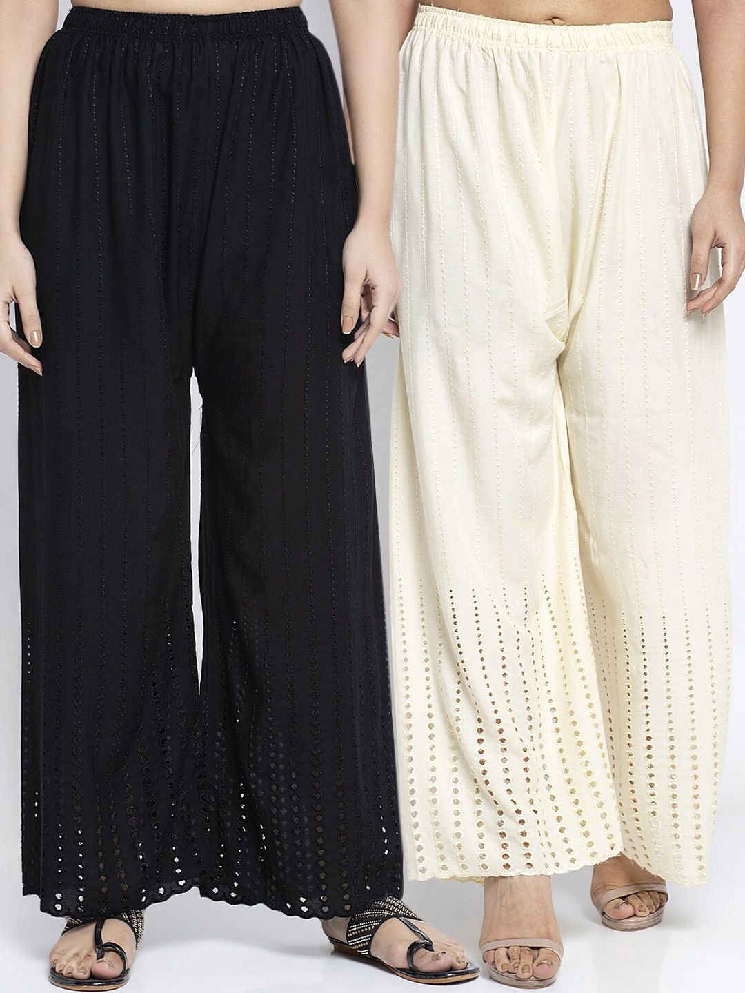 GRACIT Women Black & Off-White Set of 2 Solid Wide Leg Palazzos Price in India