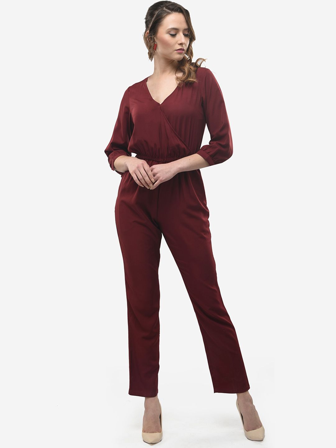 V&M Women Maroon Solid Basic Jumpsuit Price in India