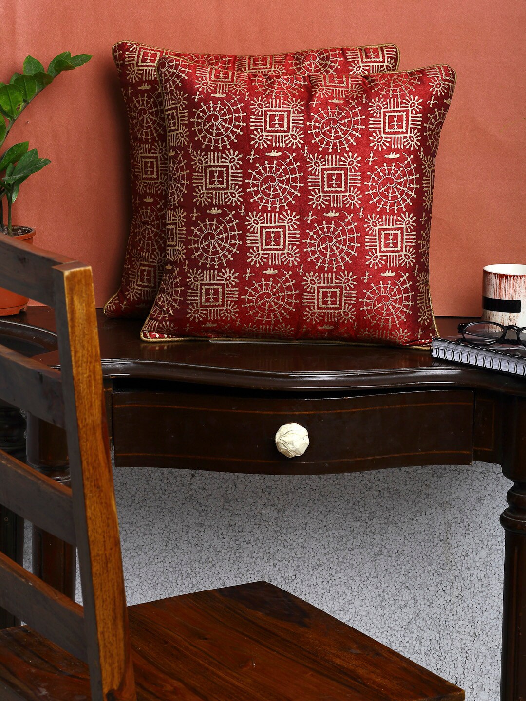 HOSTA HOMES Maroon & Beige Set of 2 Geometric Square Cushion Covers Price in India