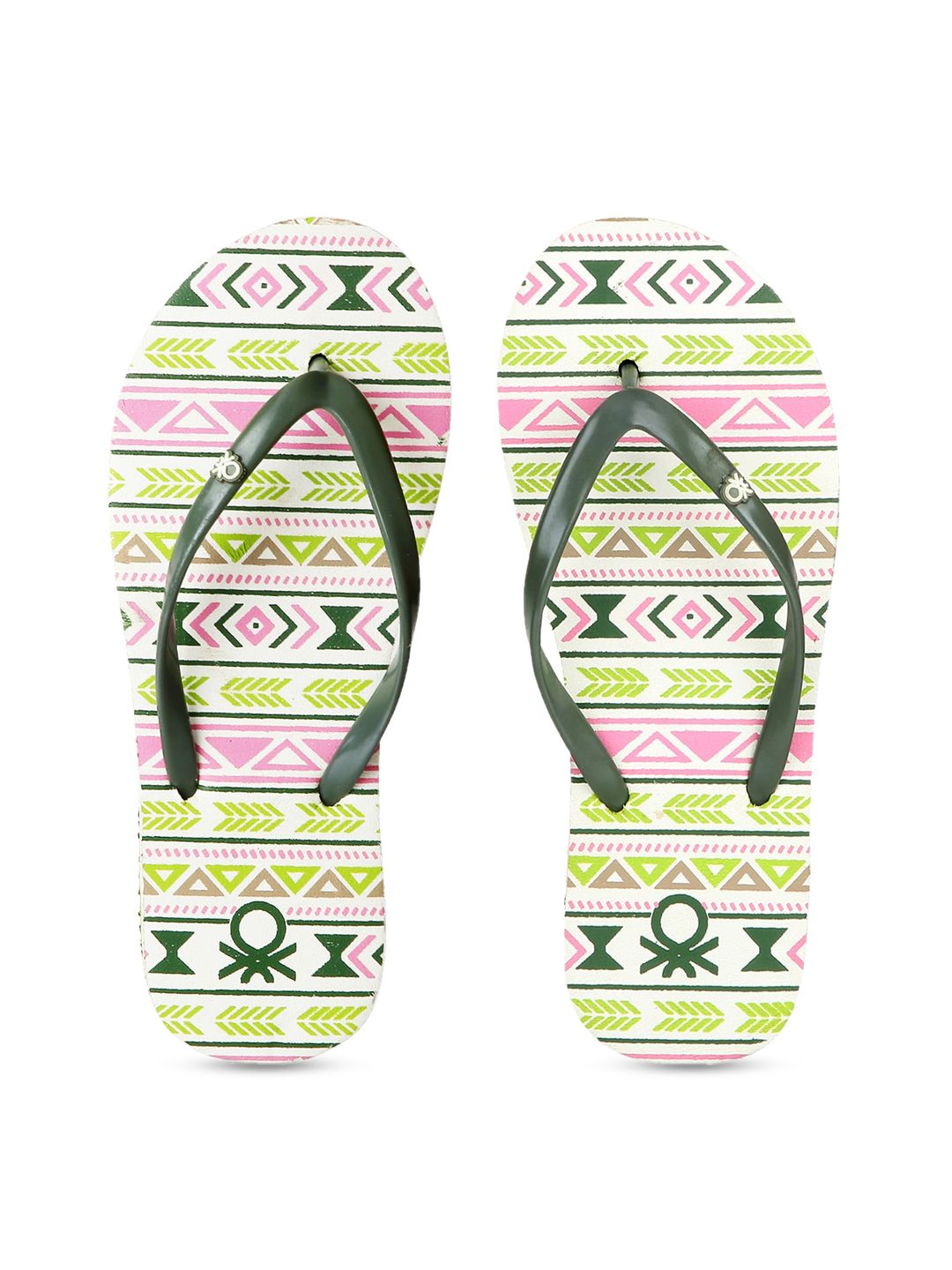 United Colors of Benetton Women Green & Pink Printed Thong Flip-Flops Price in India