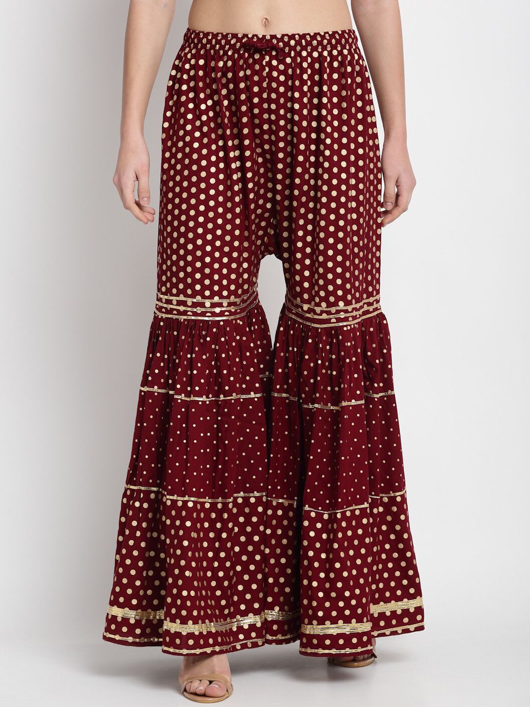 Miaz Lifestyle Women Maroon & Gold Flared Foil Printed Sharara Price in India