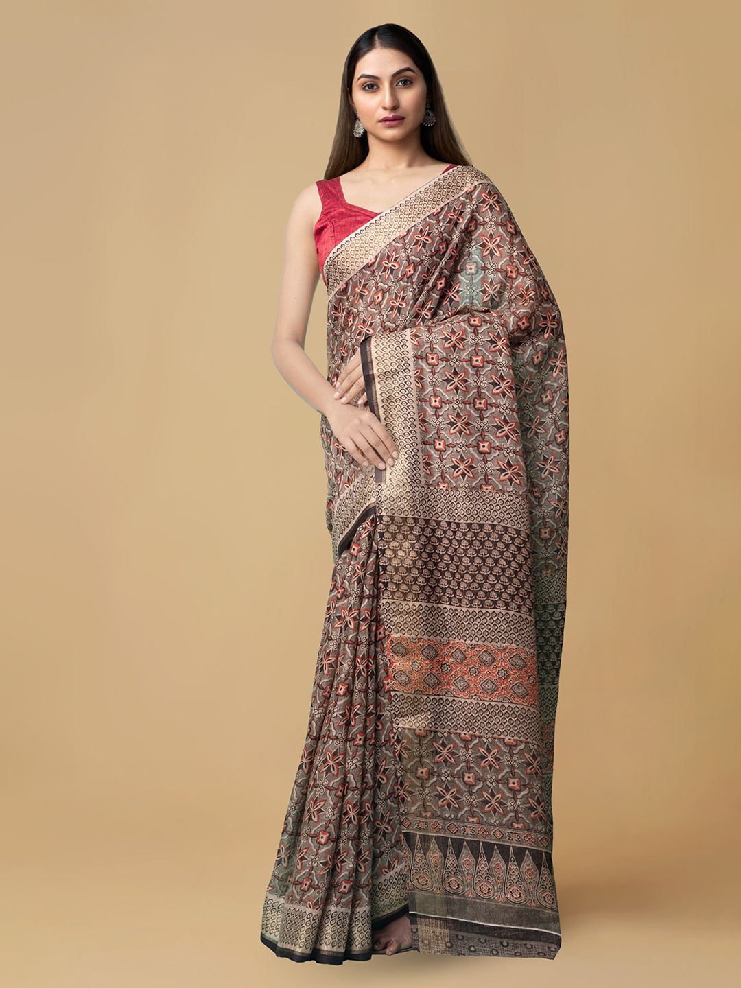 Unnati Silks Brown Linen Blend Printed Jamdani Saree