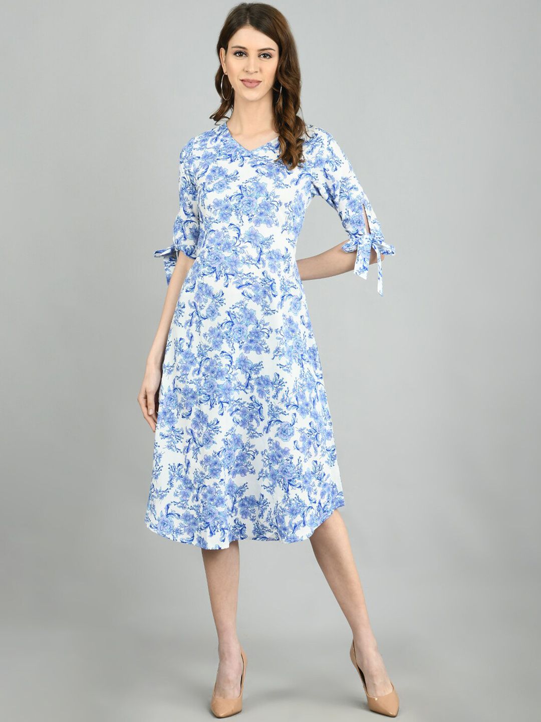 Myshka Women Blue Printed Fit and Flare Dress Price in India