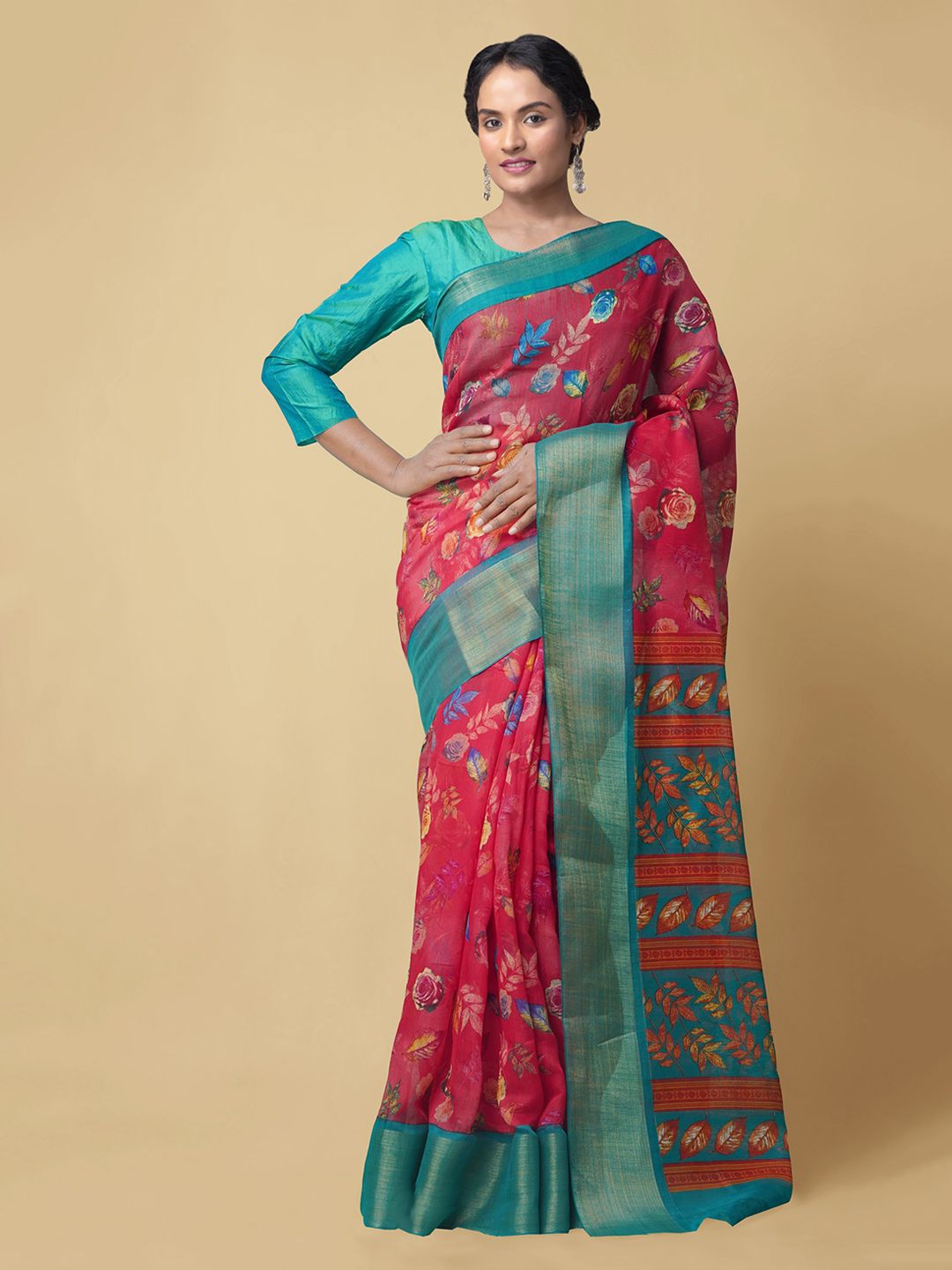 Unnati Silks Red & Blue Silk Cotton Woven Design Chanderi Saree