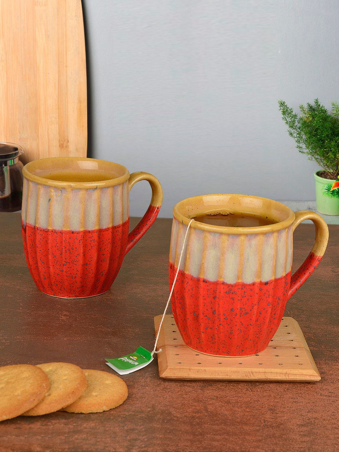StyleMyWay Off-White & RedTextured Ceramic Mugs Set Price in India
