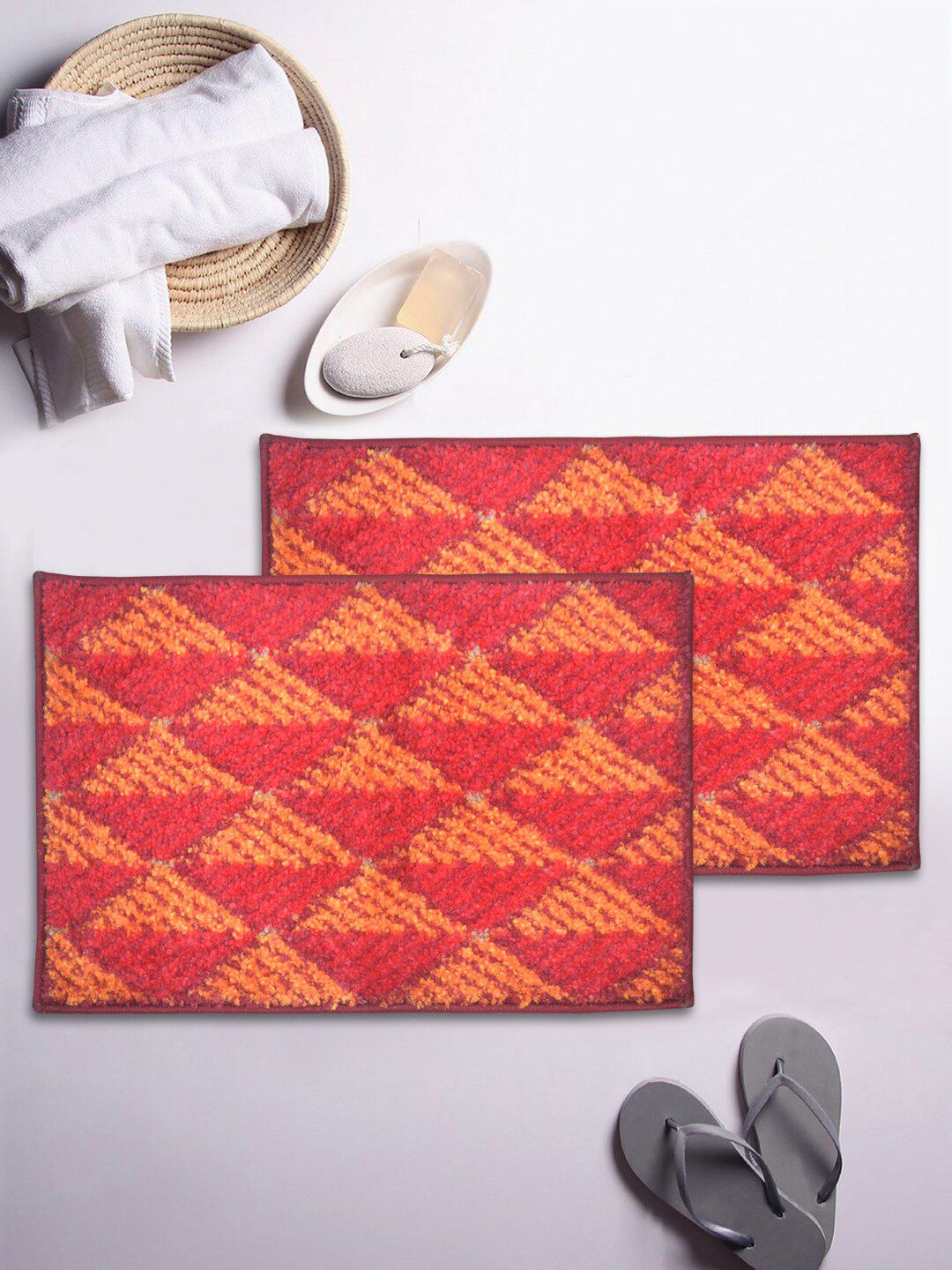 BIANCA Set Of 2 Red & Brown Geometric Patterned 1850 GSM Anti-Skid Bath Rugs Price in India