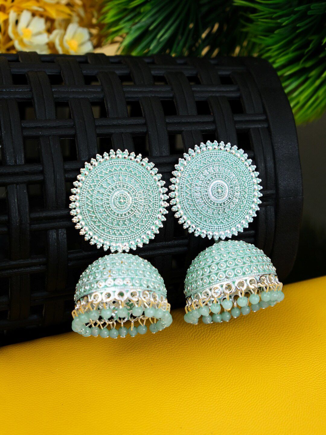 Crunchy Fashion Turquoise Blue & Silver-Toned Dome Shaped Jhumkas Price in India