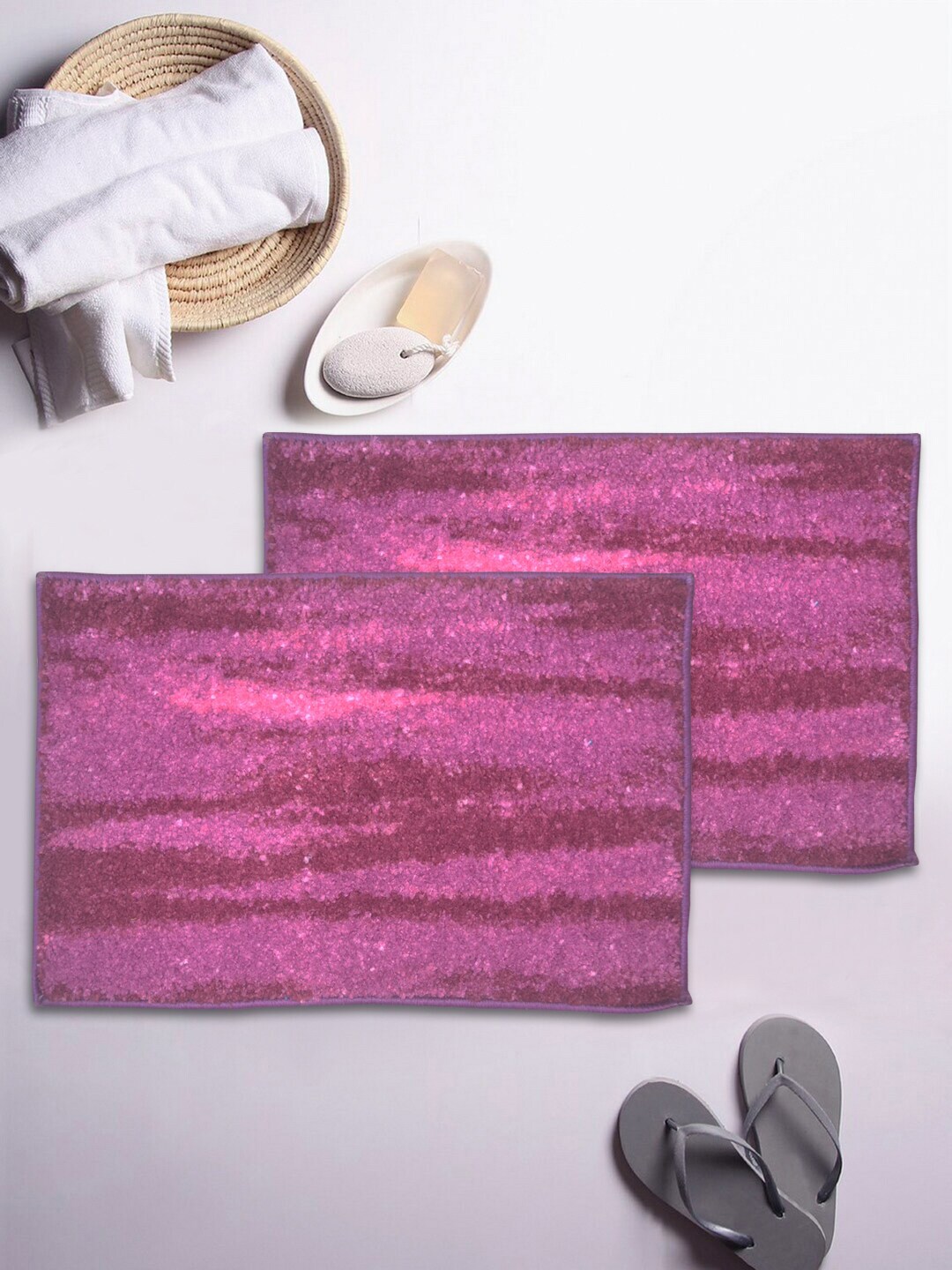 BIANCA Set of 2 Purple & Pink Printed Anti-Skid Rectangular Bath Rugs Price in India