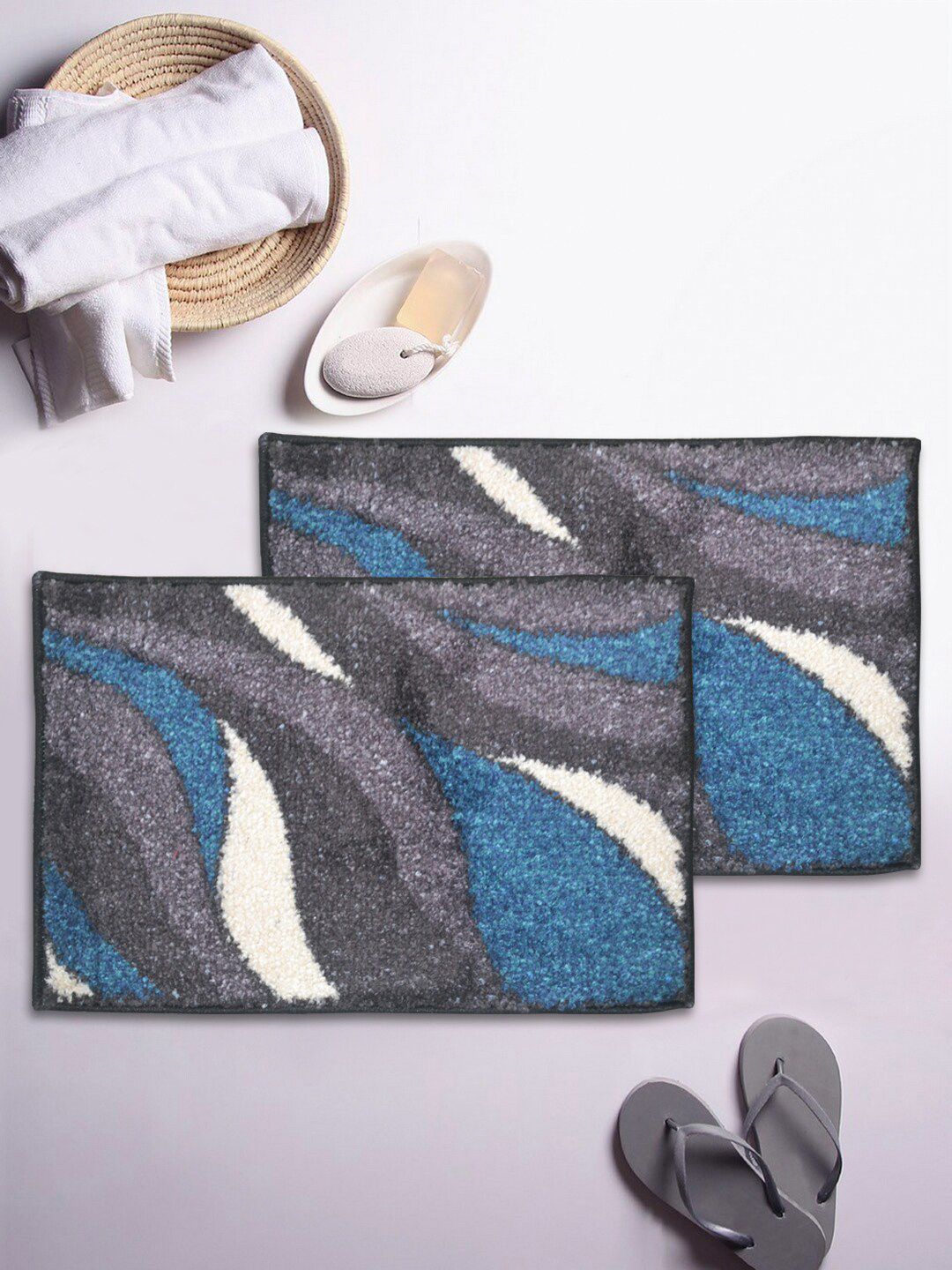 BIANCA Set Of 2 Blue & Grey Patterned 1850 GSM Anti-Skid Bath Rugs Price in India