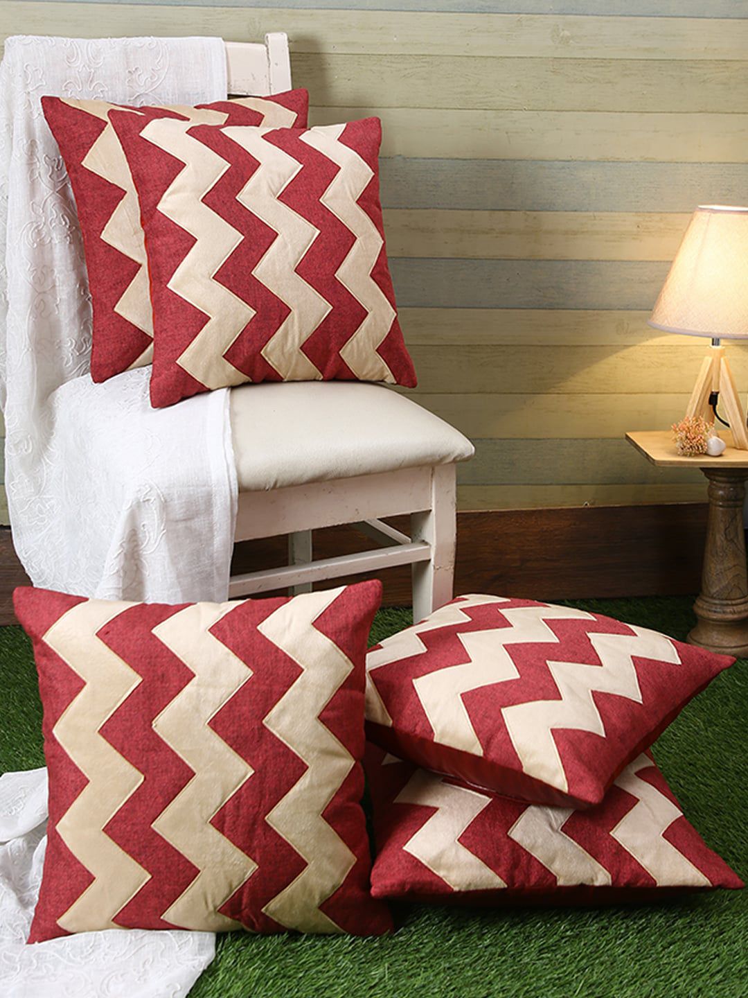 ROMEE Maroon & Cream-Coloured Set of 5 Geometric Square Cushion Covers Price in India