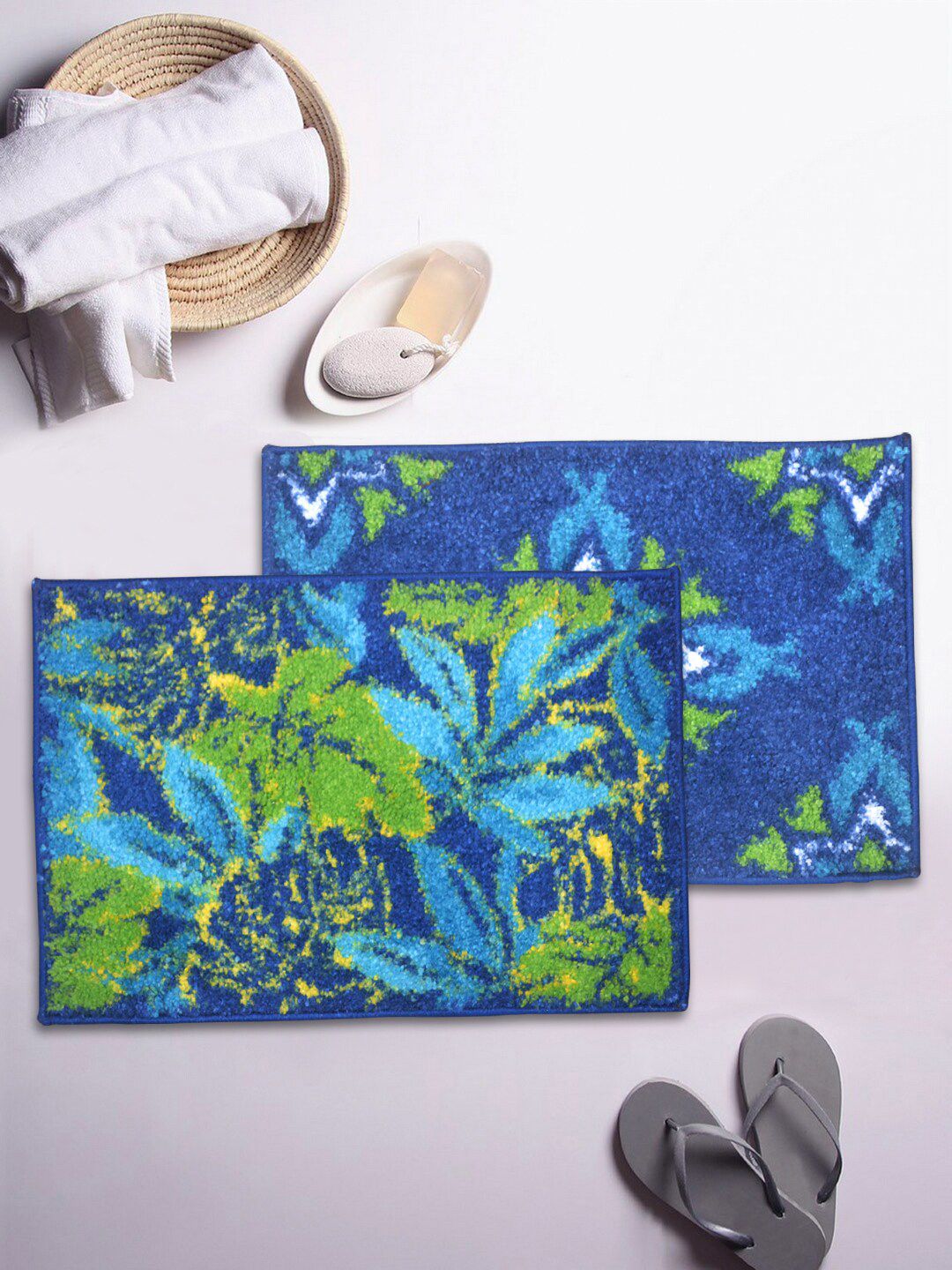 BIANCA Set of 2 Blue & Green Printed Anti-Skid Rectangular Bath Rugs Price in India