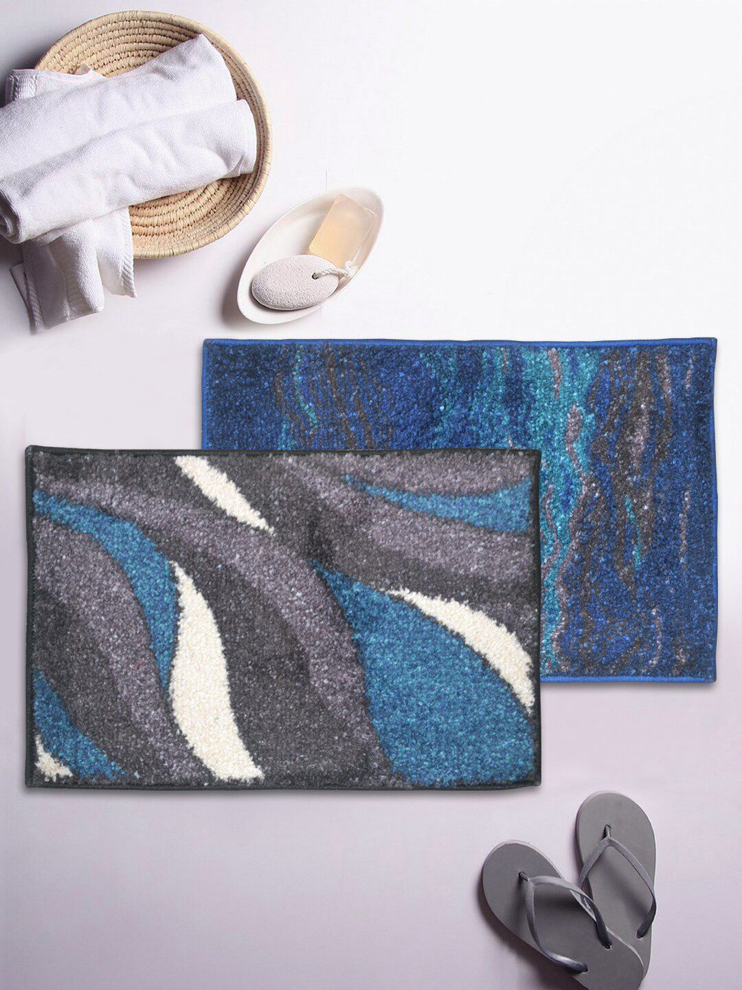 BIANCA Set Of 2 Blue & Grey Patterned 1850 GSM Anti-Skid Bath Rugs Price in India