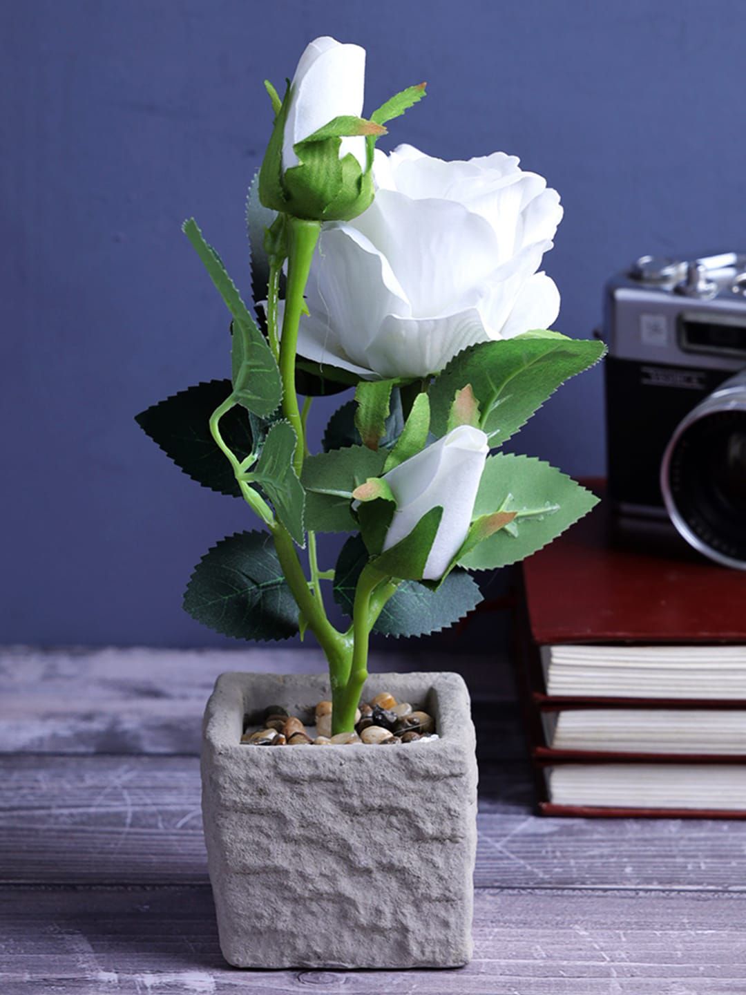 A Vintage Affair- Home Decor White & Green Artificial Rose Flower Plant With Pot Price in India