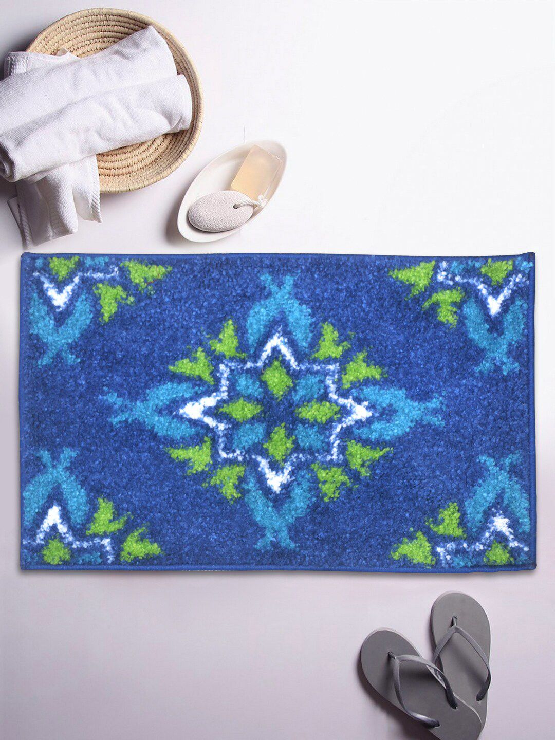 BIANCA Blue & Green Ethnic Motif Patterned 1850 GSM Super-Dry Anti-Skid Bath Rug Price in India