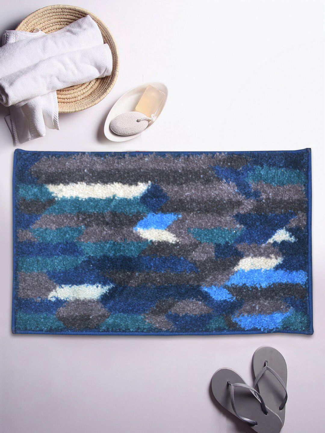 BIANCA Blue & Grey Abstract Patterned 1850 GSM Anti-Skid Bath Rug Price in India