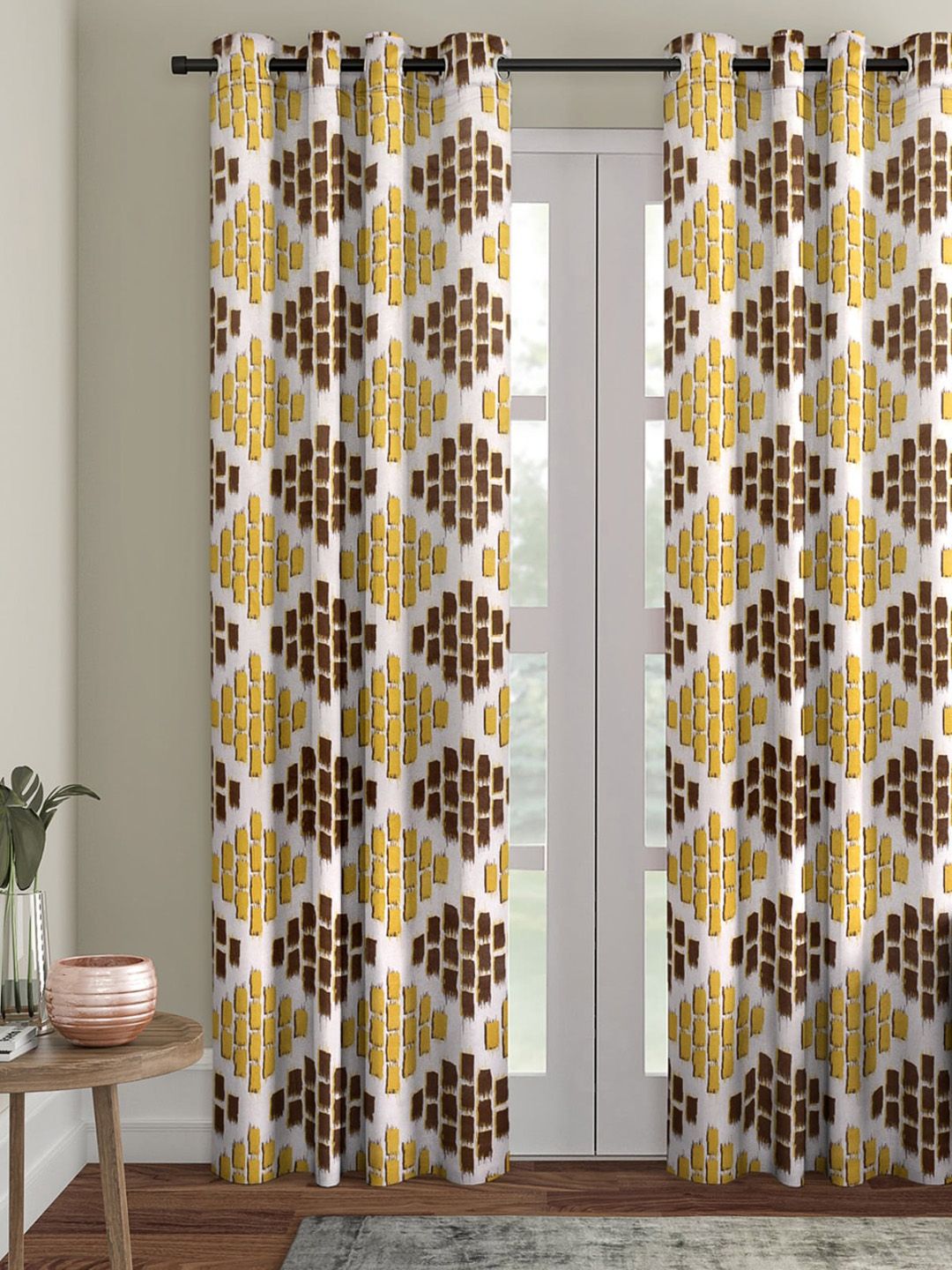 ROMEE Mustard & Yellow Set of 2 Geometric Printed Room Darkening Curtains Price in India
