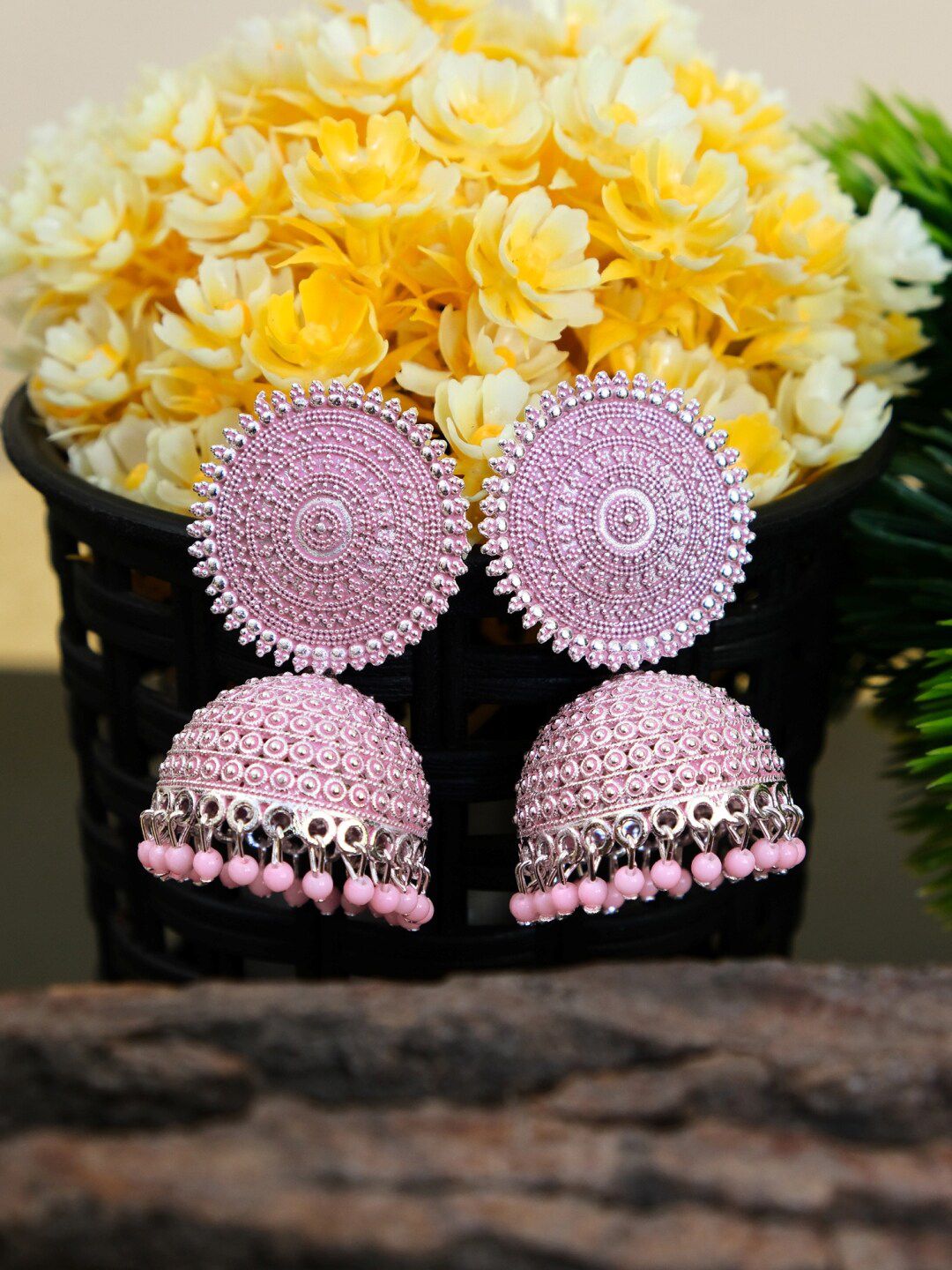 Crunchy Fashion Pink & Silver-Plated Oxidised Dome Shaped Jhumkas Price in India