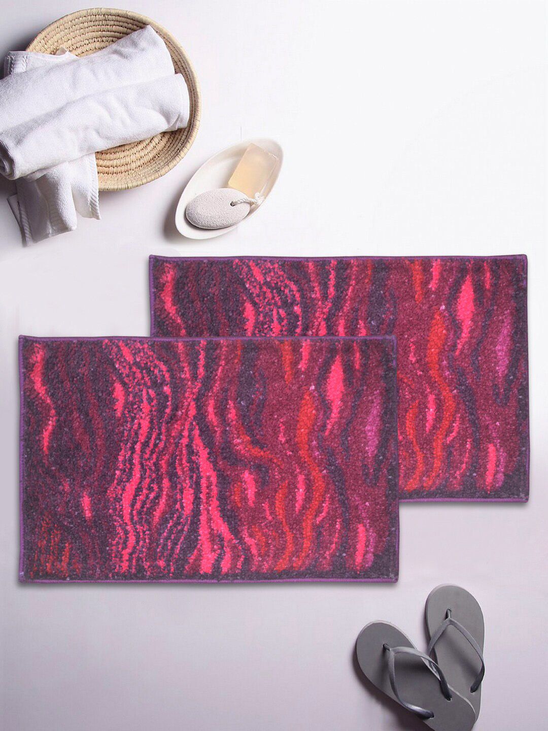 BIANCA Set Of 2 Purple & Red Printed Super-Dry Bath Mat With Rubber Backing Price in India