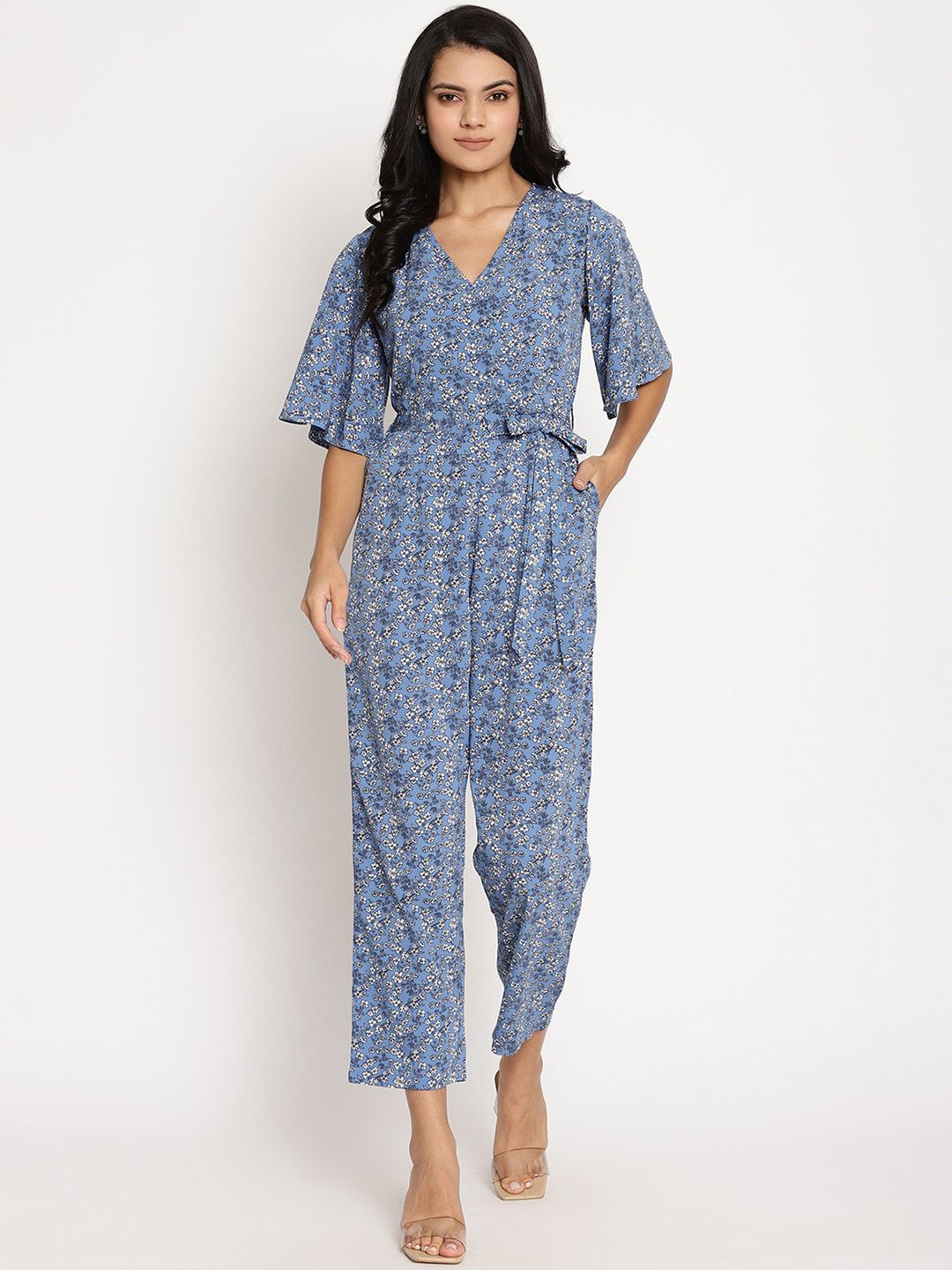 The Vanca Women Blue & White Printed Basic Jumpsuit Price in India