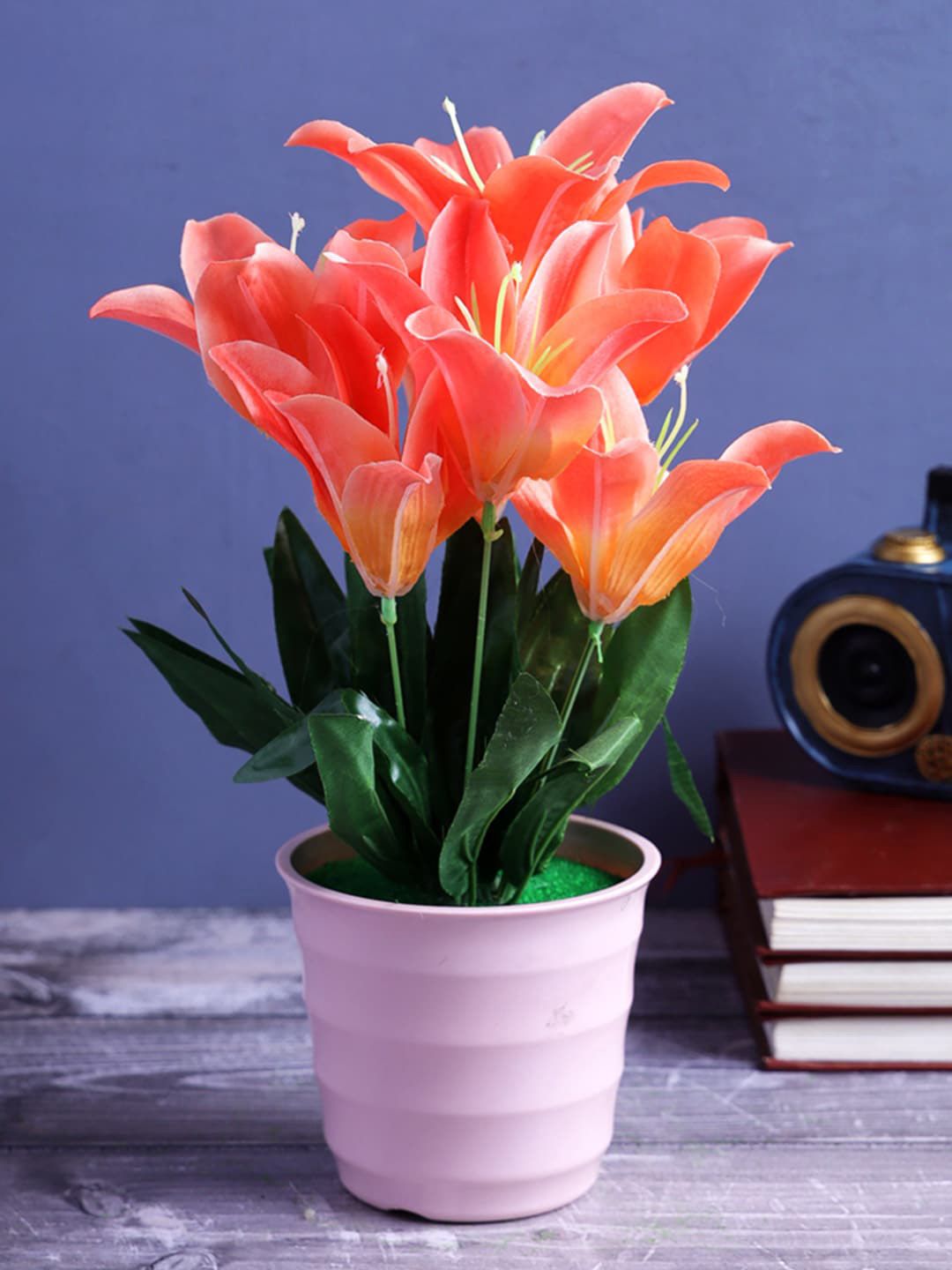 A Vintage Affair- Home Decor Orange & Green Stella Artificial Flower With Pot Price in India