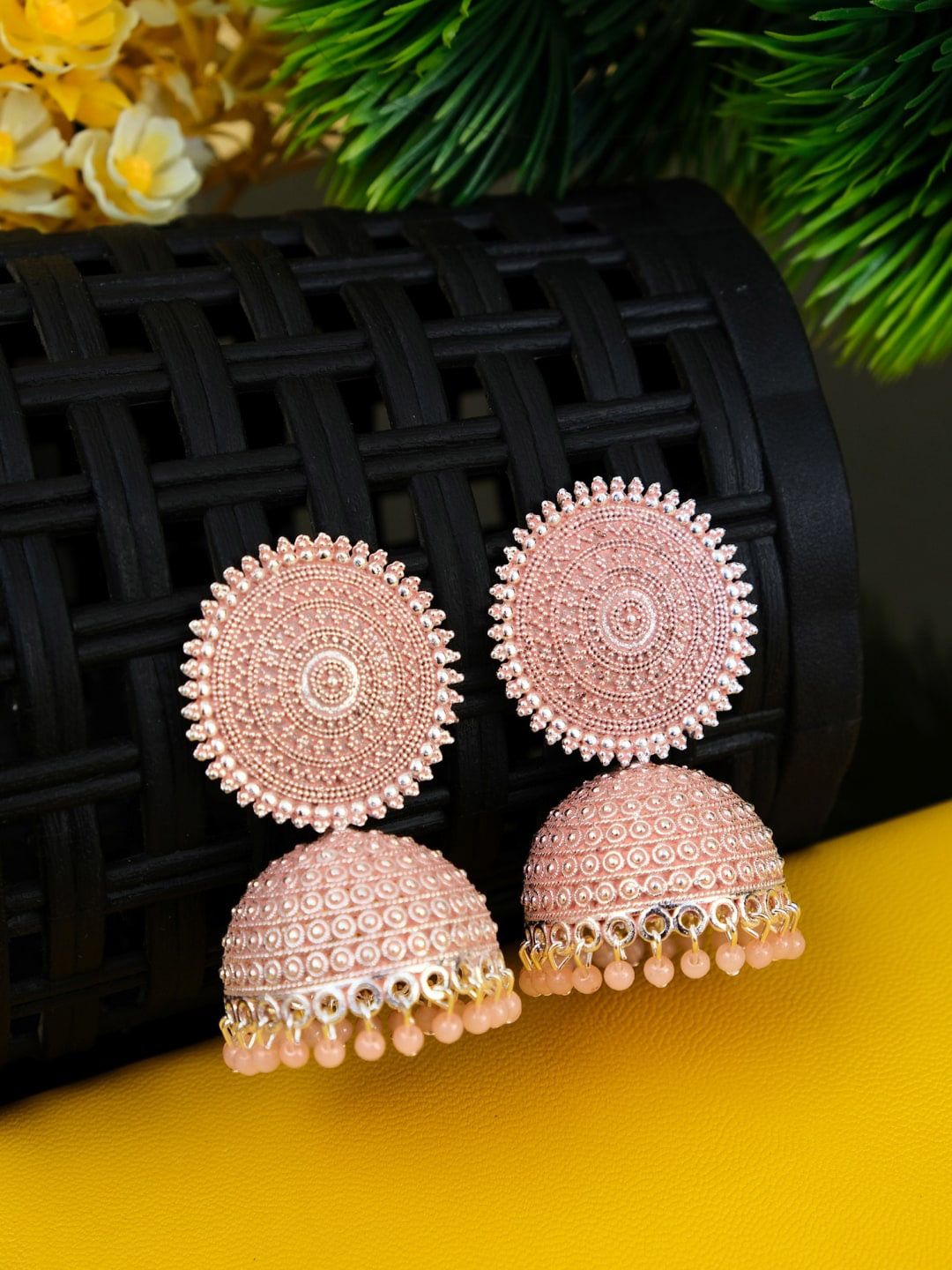 Crunchy Fashion Peach-Coloured Silver-Plated Dome Shaped Jhumkas Price in India