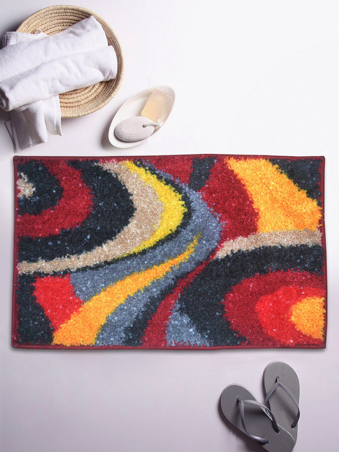 BIANCA Red & Yellow Abstract Anti-Skid Bath Rug Price in India