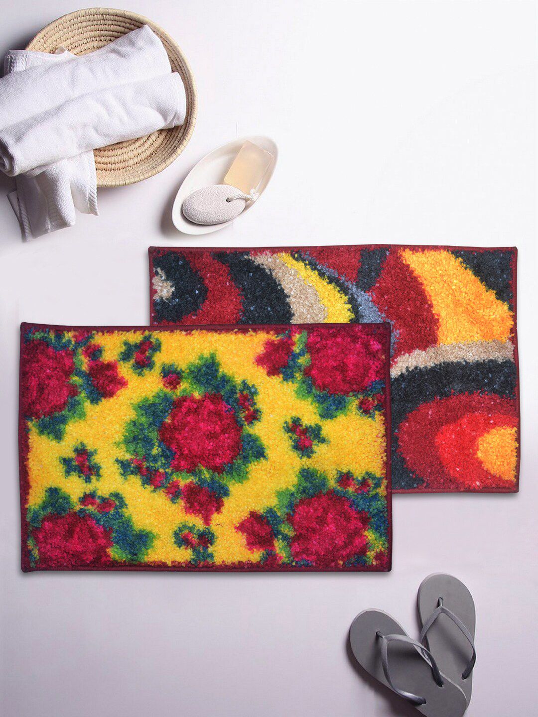 BIANCA Set Of 2 Yellow & Red Patterned 1850 GSM Anti-Skid Bath Rugs Price in India