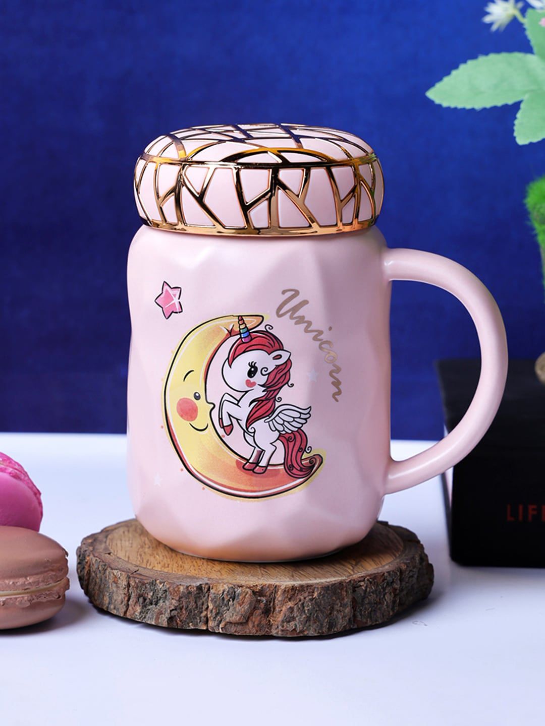 A Vintage Affair- Home Decor Pink & Gold-Toned Unicorn Printed Ceramic Mugs Set Price in India