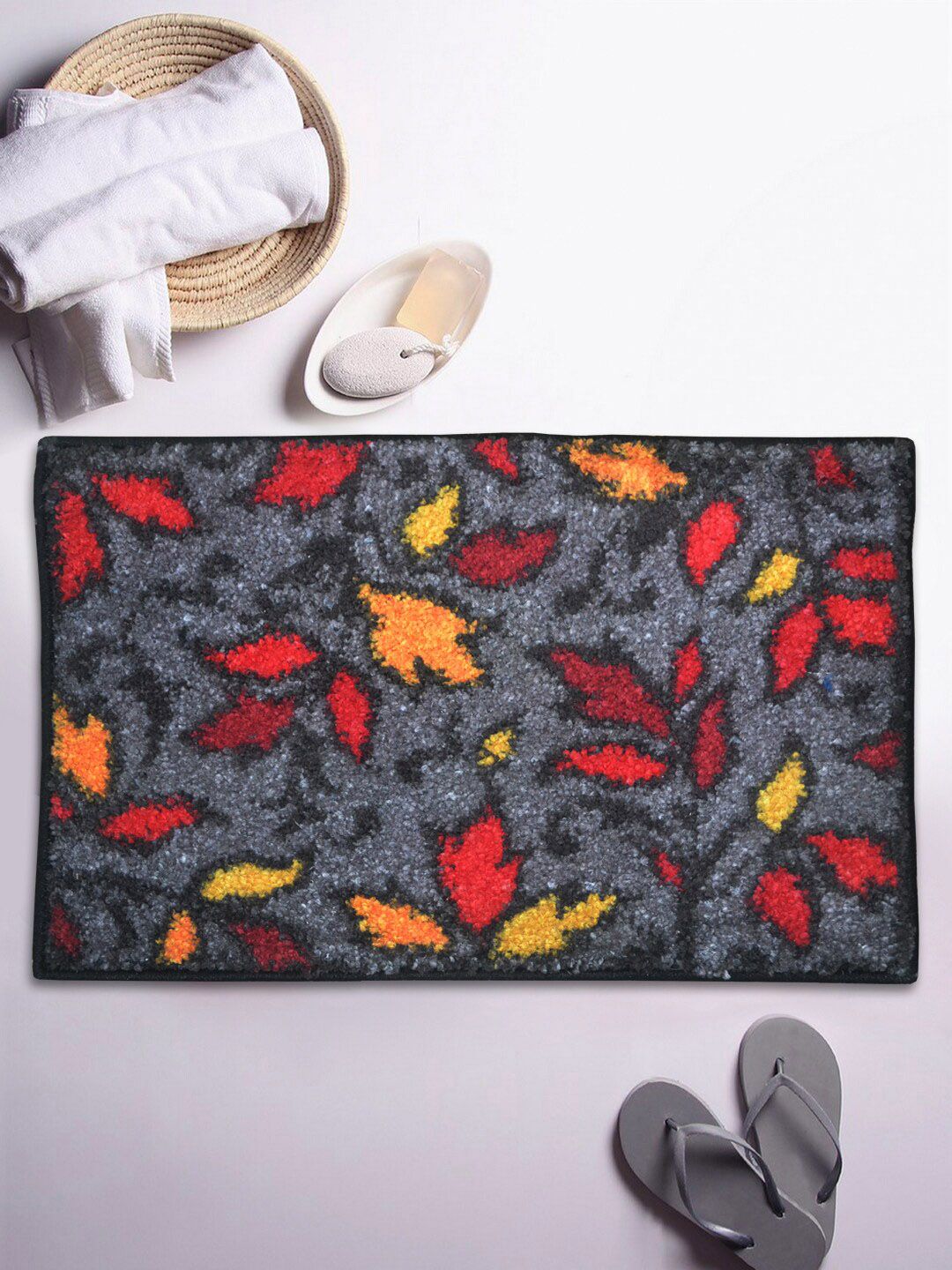 BIANCA Red & Grey Printed Microfibre Anti-Skid Bath Rug Price in India