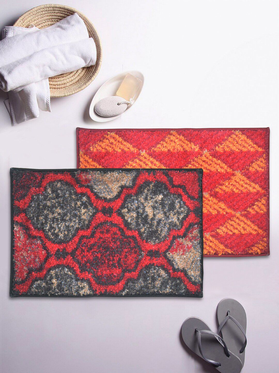 BIANCA Set Of 2 Red & Orange Printed 1850 GSM Anti-Skid Super Dry Bath Rugs Price in India