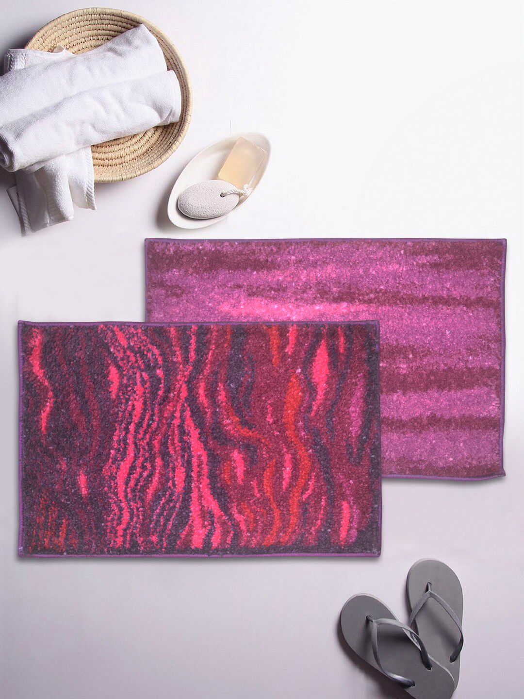 BIANCA Set Of 2 Purple & Pink Printed 1850 GSM Microfibre Anti-Skid Super Dry Bath Rugs Price in India