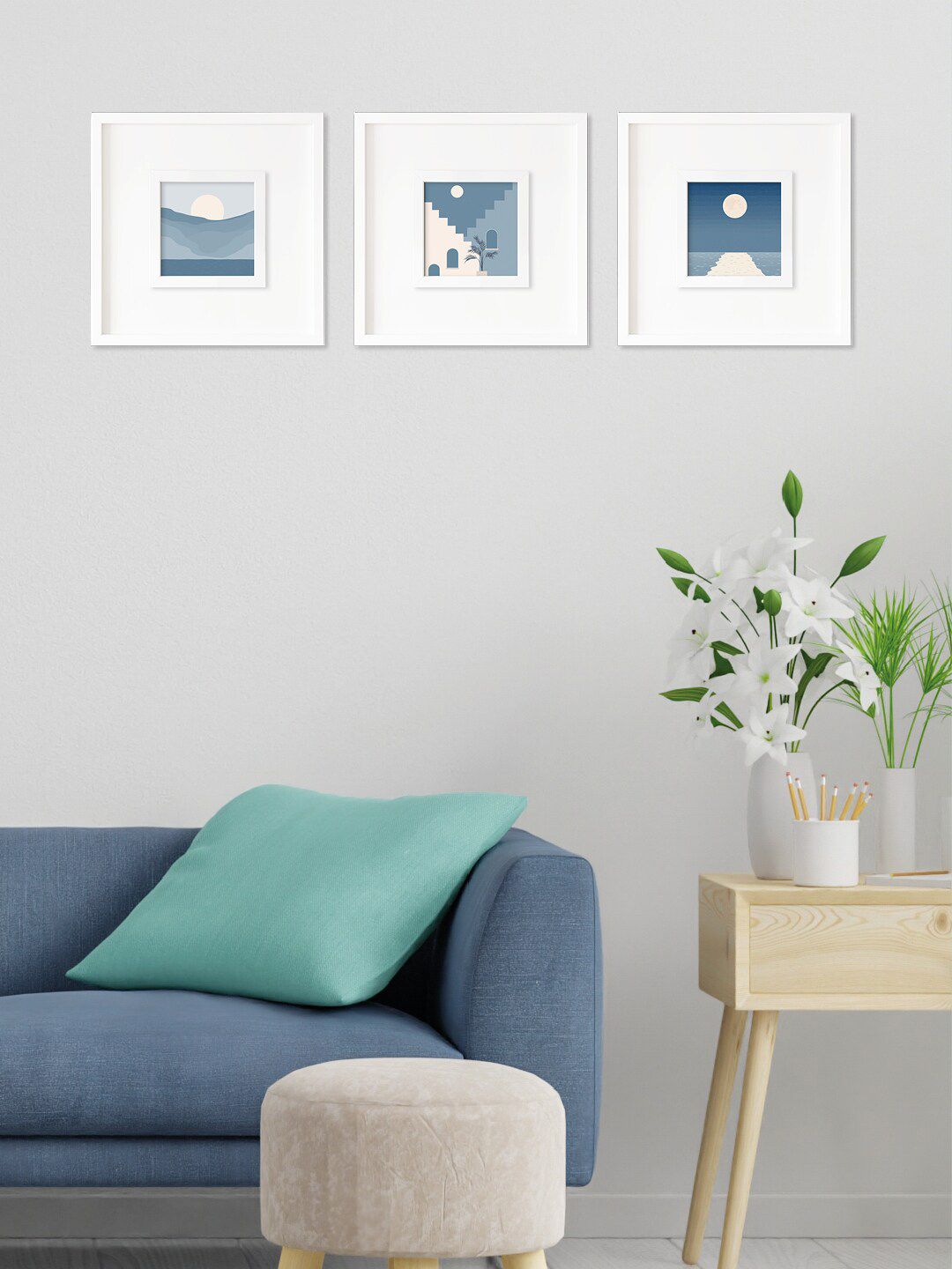 RANDOM White & Blue Set of 3 Moon Wall Art Painting Price in India