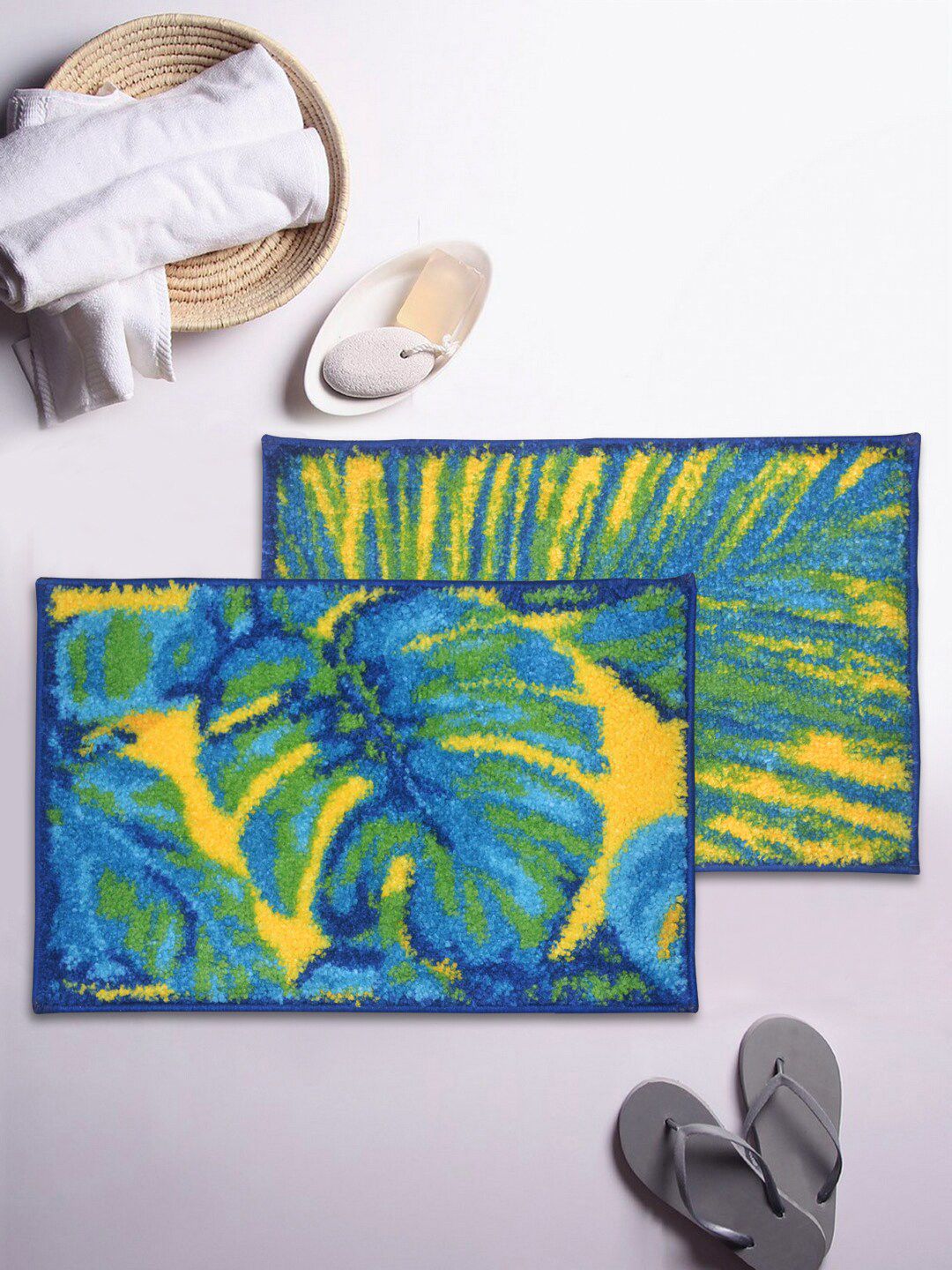 BIANCA Set Of 2 Blue & Yellow Leaf Patterned 1850 GSM Anti-Skid Bath Rugs Price in India