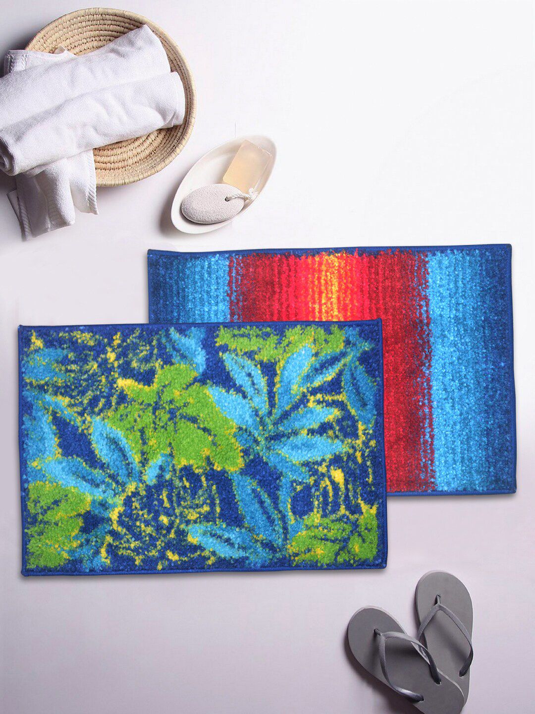 BIANCA Set Of 2 Blue Printed Microfibre Anti-Skid Bath Rugs Price in India