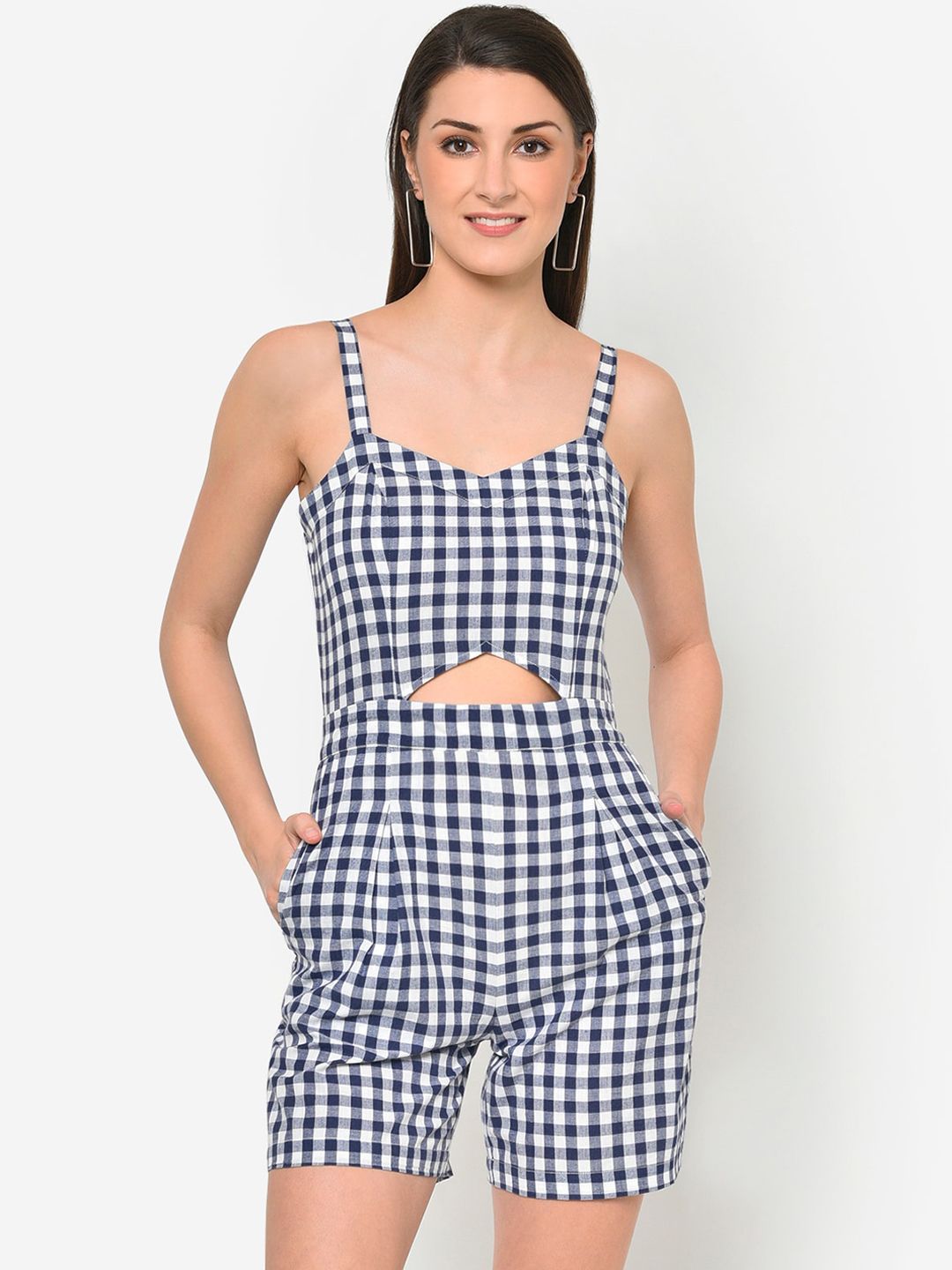 Martini Women Blue & White Checked Playsuit Price in India