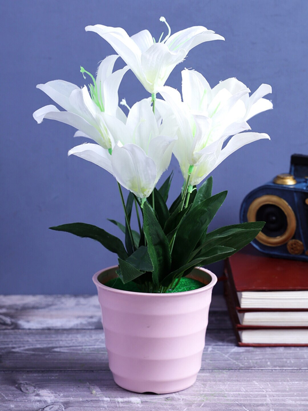 A Vintage Affair- Home Decor White & Green Artificial Lily Flower Plant With Pot Price in India
