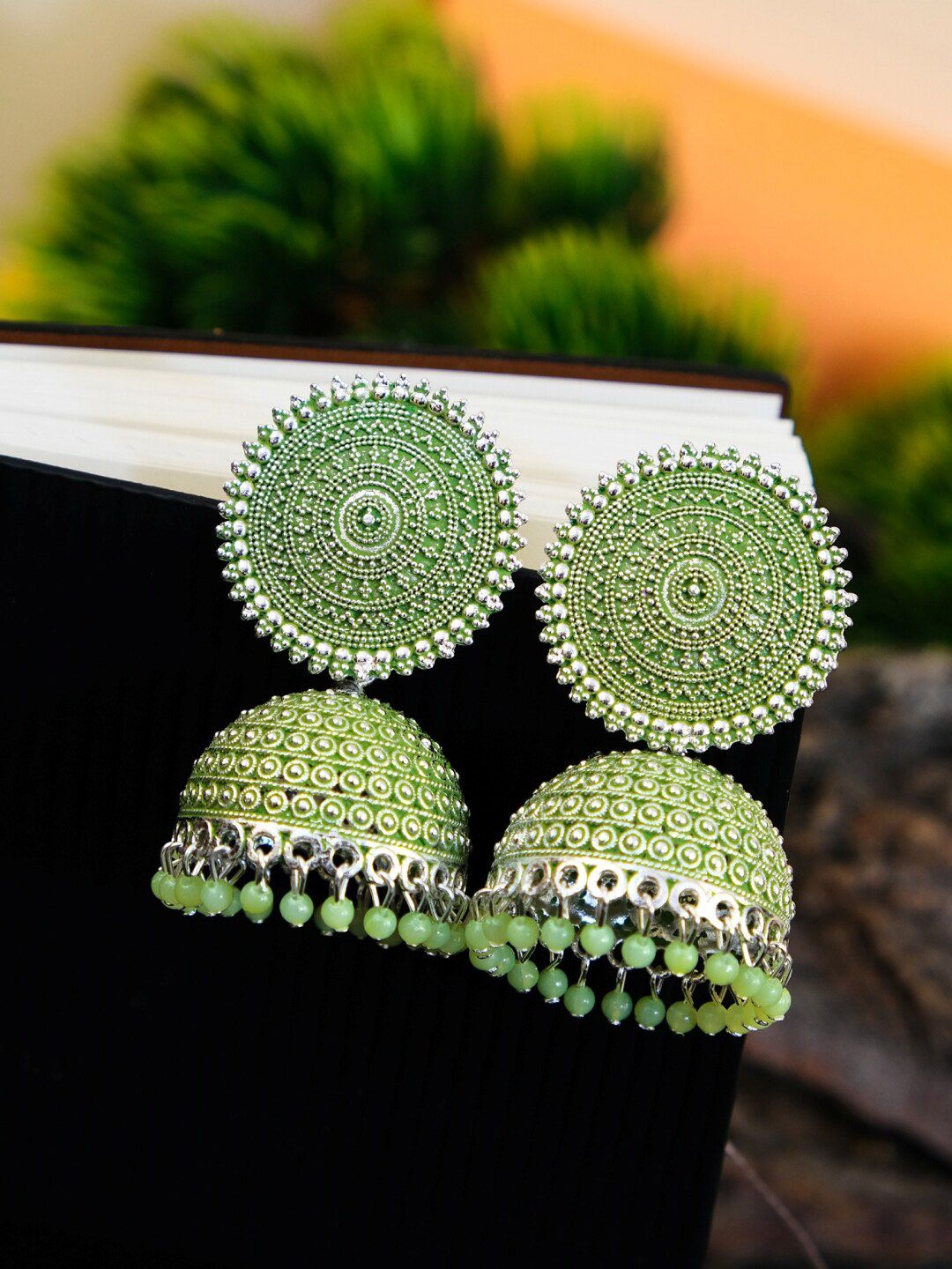 Crunchy Fashion Green & Silver-Toned Dome Shaped Jhumkas Price in India