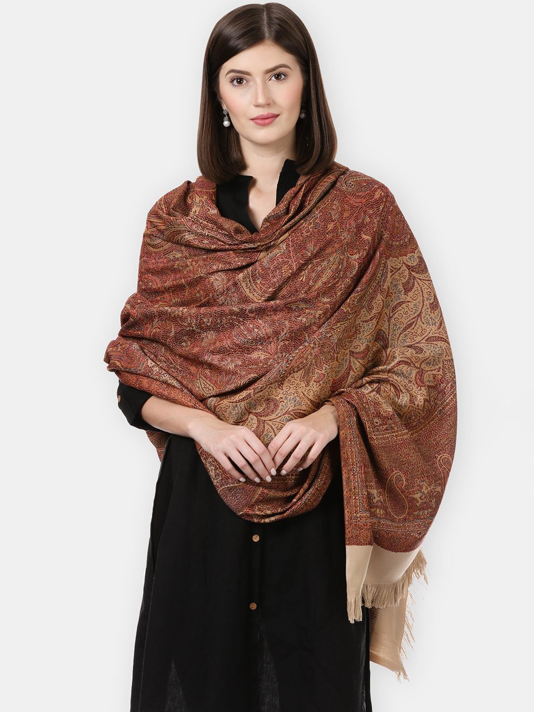 Pashtush Women Beige & Maroon Woven-Design Shawl Price in India