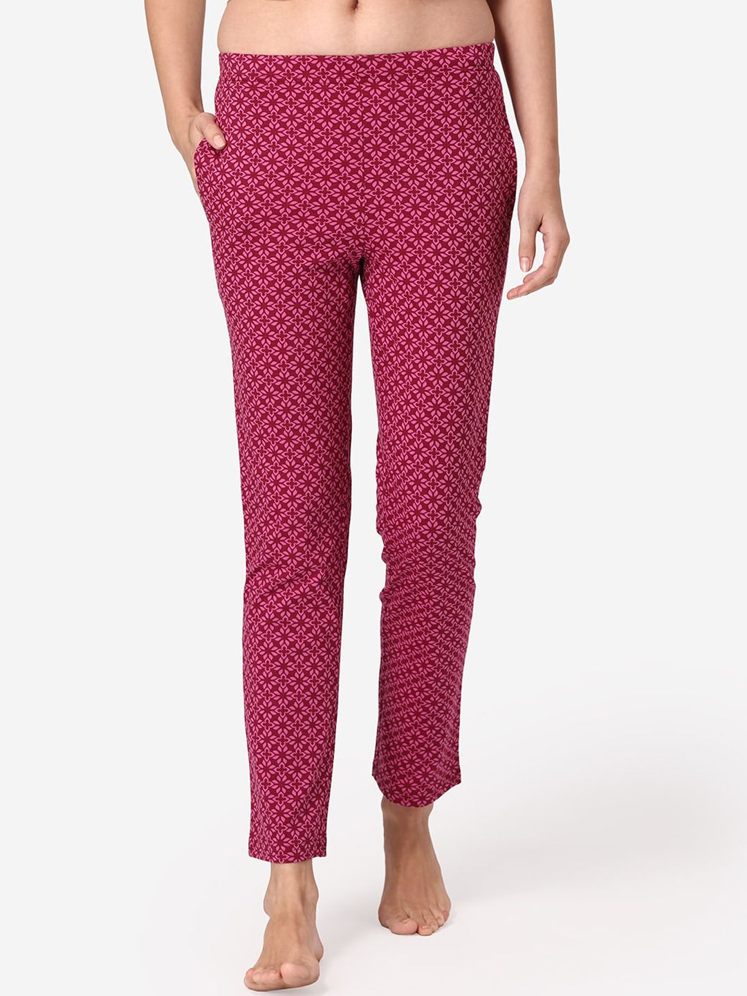 Vami Women Red & Pink Cotton Cotton Printed Lounge Pants Price in India