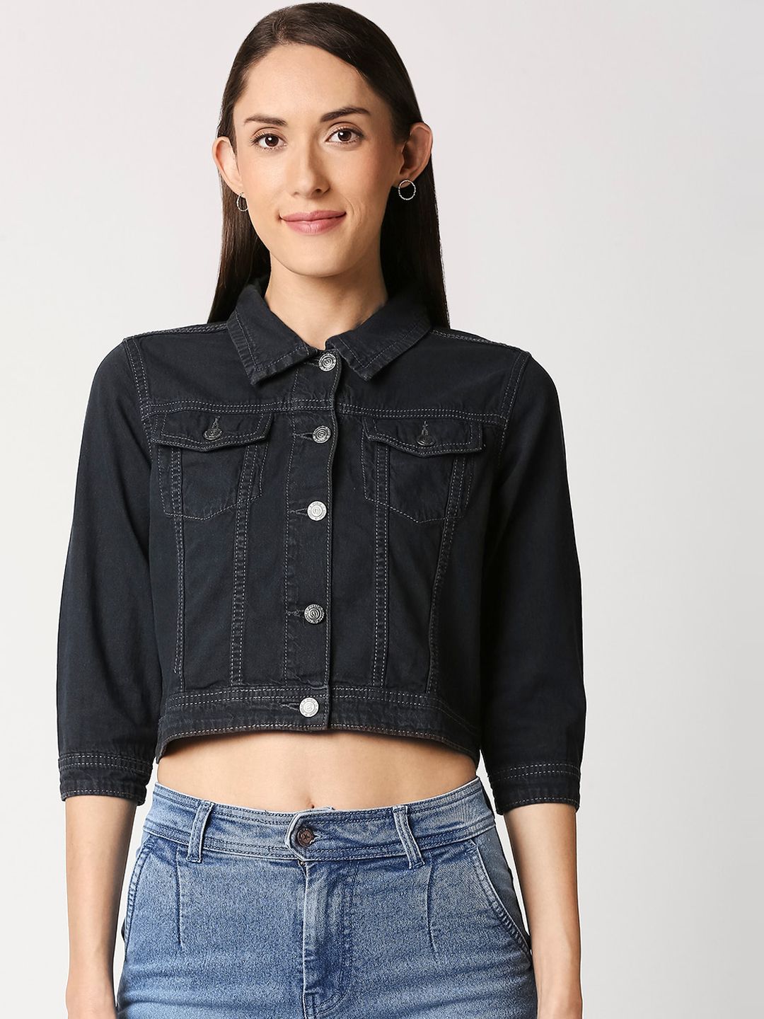 High Star Women Black Solid Lightweight Denim Jacket Price in India