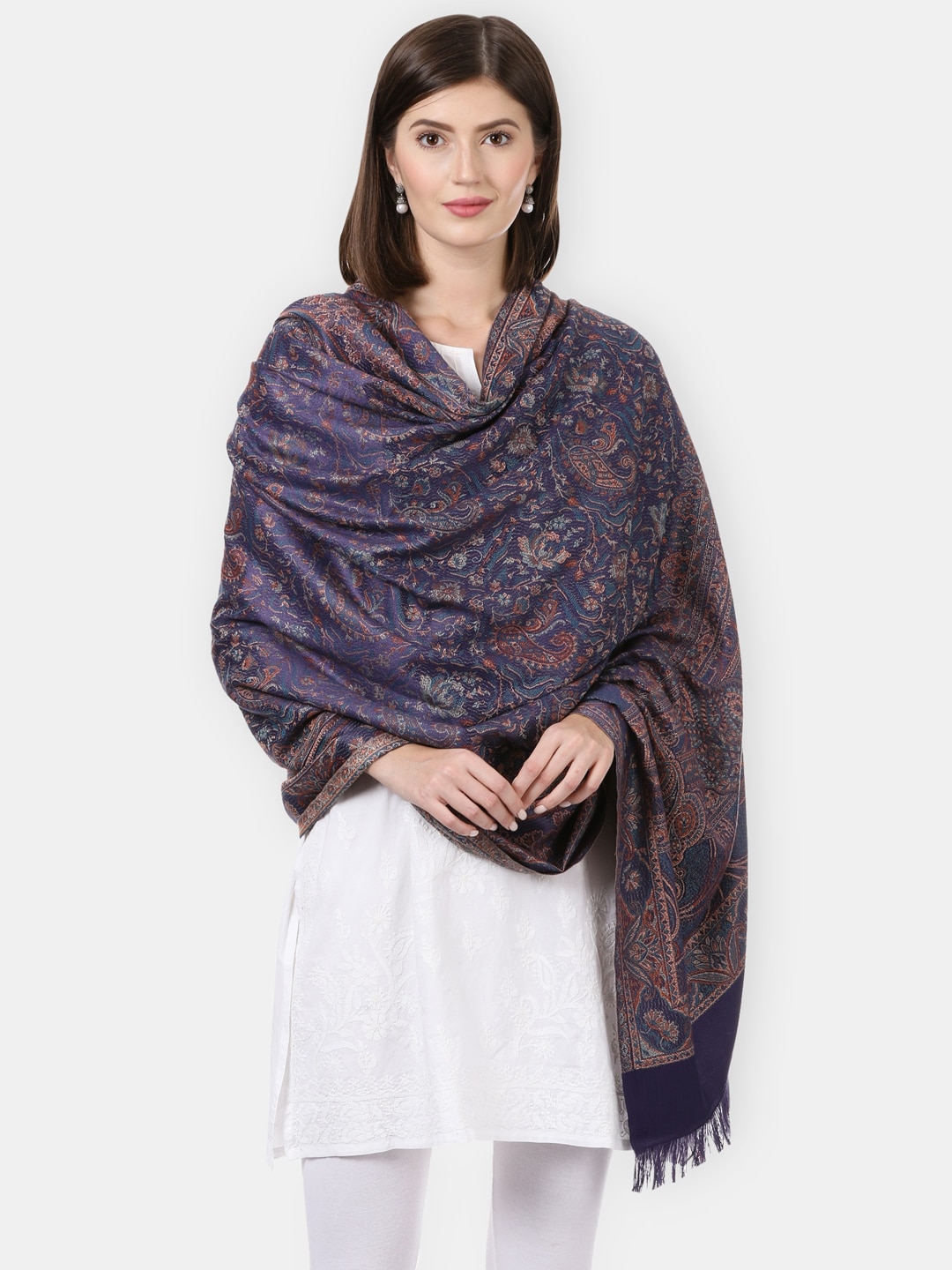 Pashtush Women Navy Blue & Brown Woven Design Wool Shawl Price in India