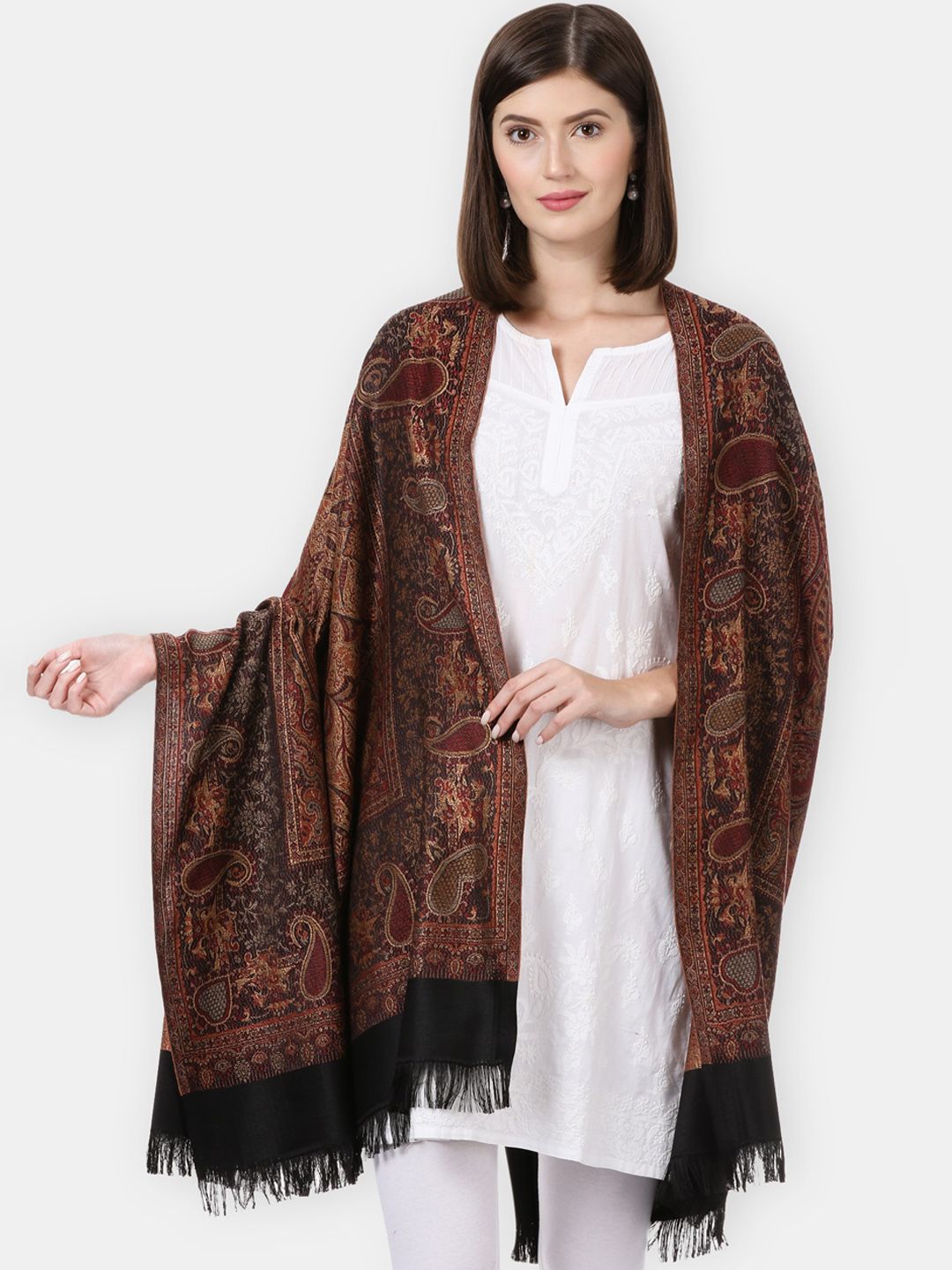 Pashtush Women Black & Maroon Woven Design Shawl Price in India