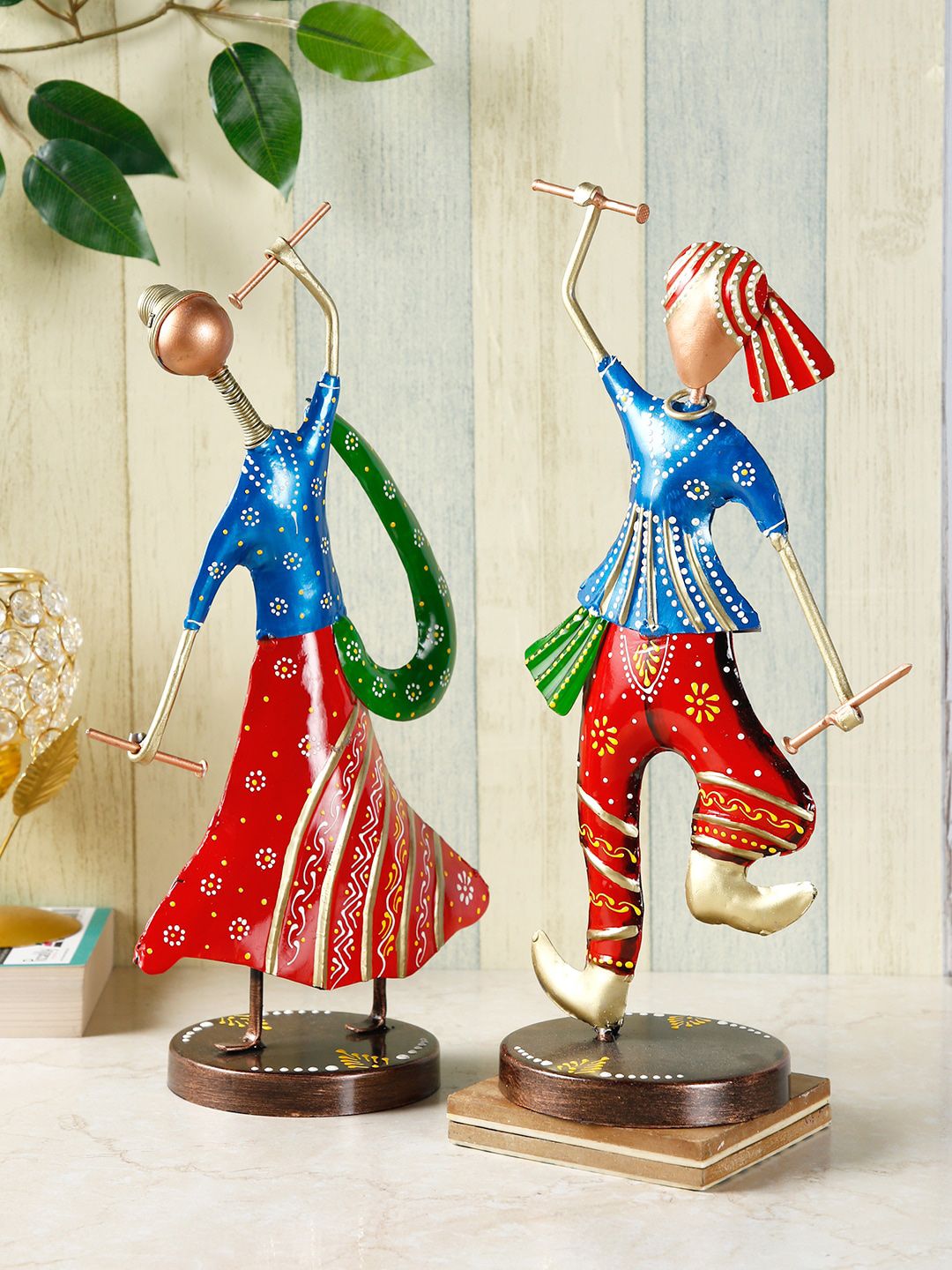 CraftVatika Set Of 2 Blue & Red Garba Playing Gujarati Couple Statue Showpiece Price in India