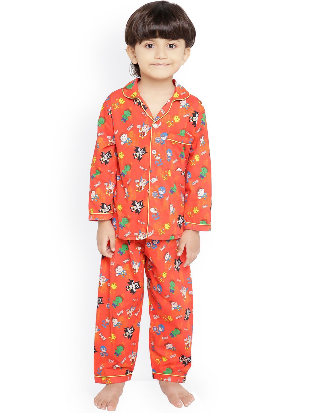Knitting Doodles Unisex Kids Red & White Superhero Printed Night suit